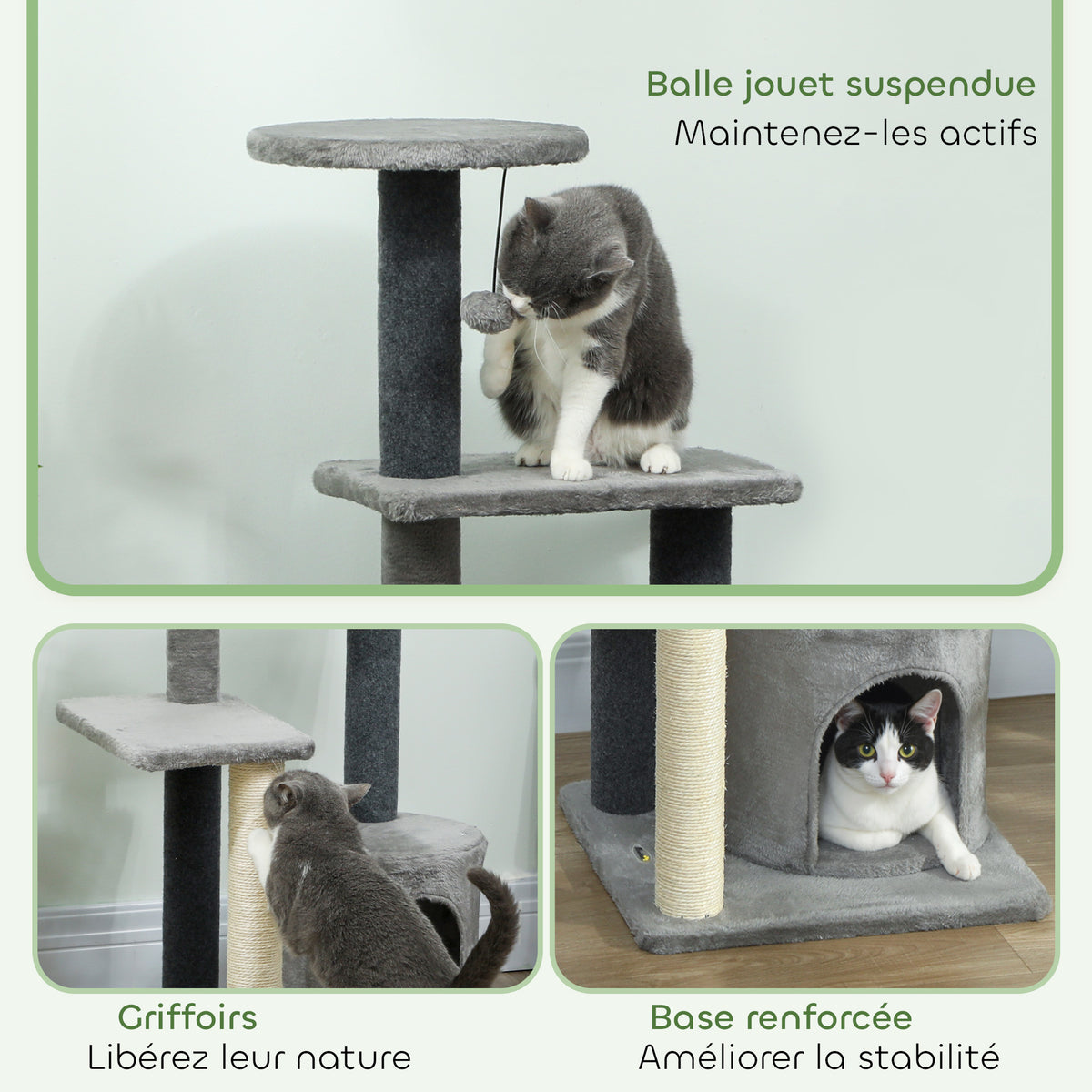 Arbre à Chat Hauteur 103 cm, Platesformes, Niche en Peluche, Balle en Peluche, Poteaux en Sisal, Base Renforcé, Gris