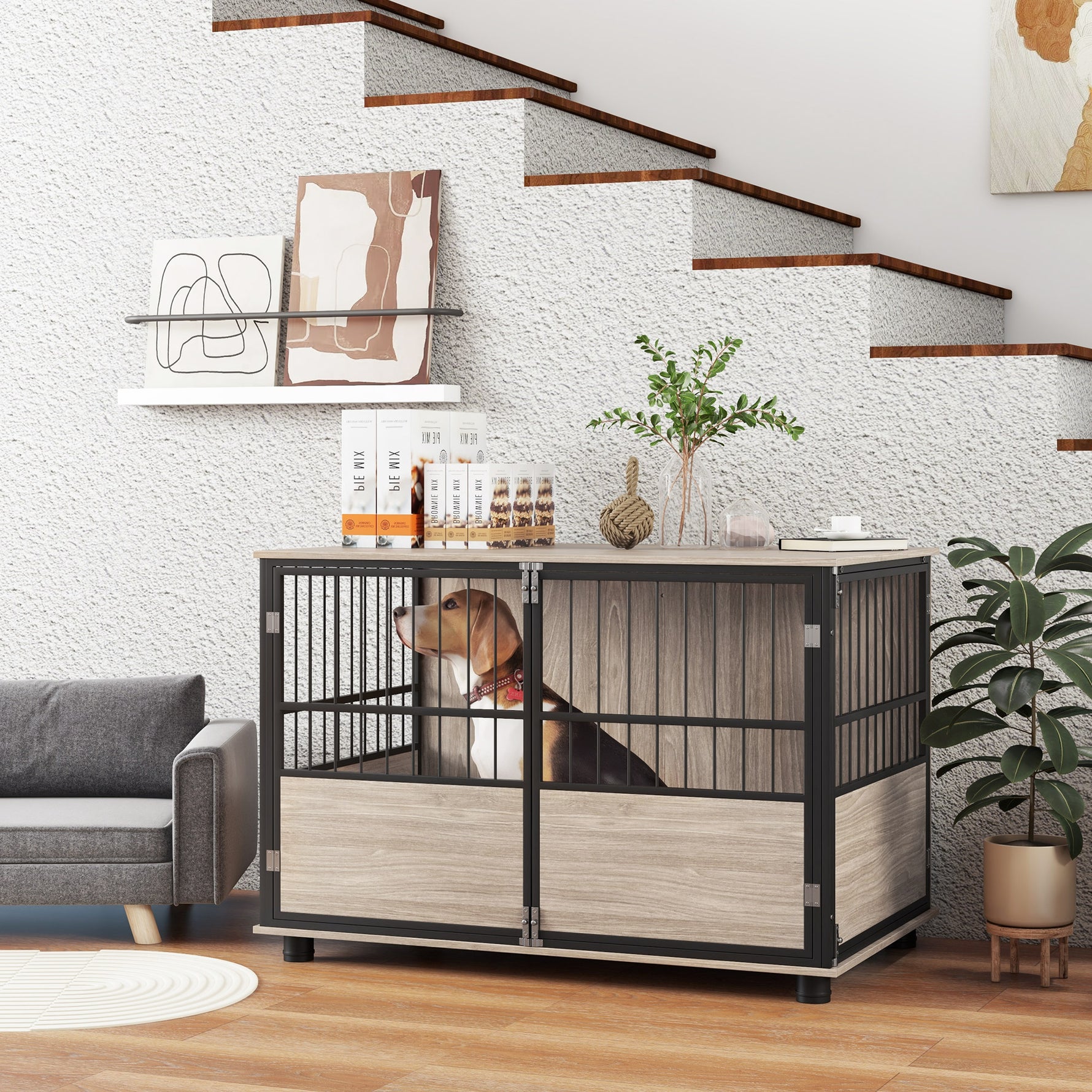 Cage pour chien intérieur, table d'appoint, 100 x 60 x 68 cm, niche, 3 portes verrouillables,  aspect bois noir
