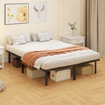 Estructura de cama de 140 x 190 cm, cama matrimonial con somier de láminas de madera maciza y piecero, con almacenamiento debajo, color negro