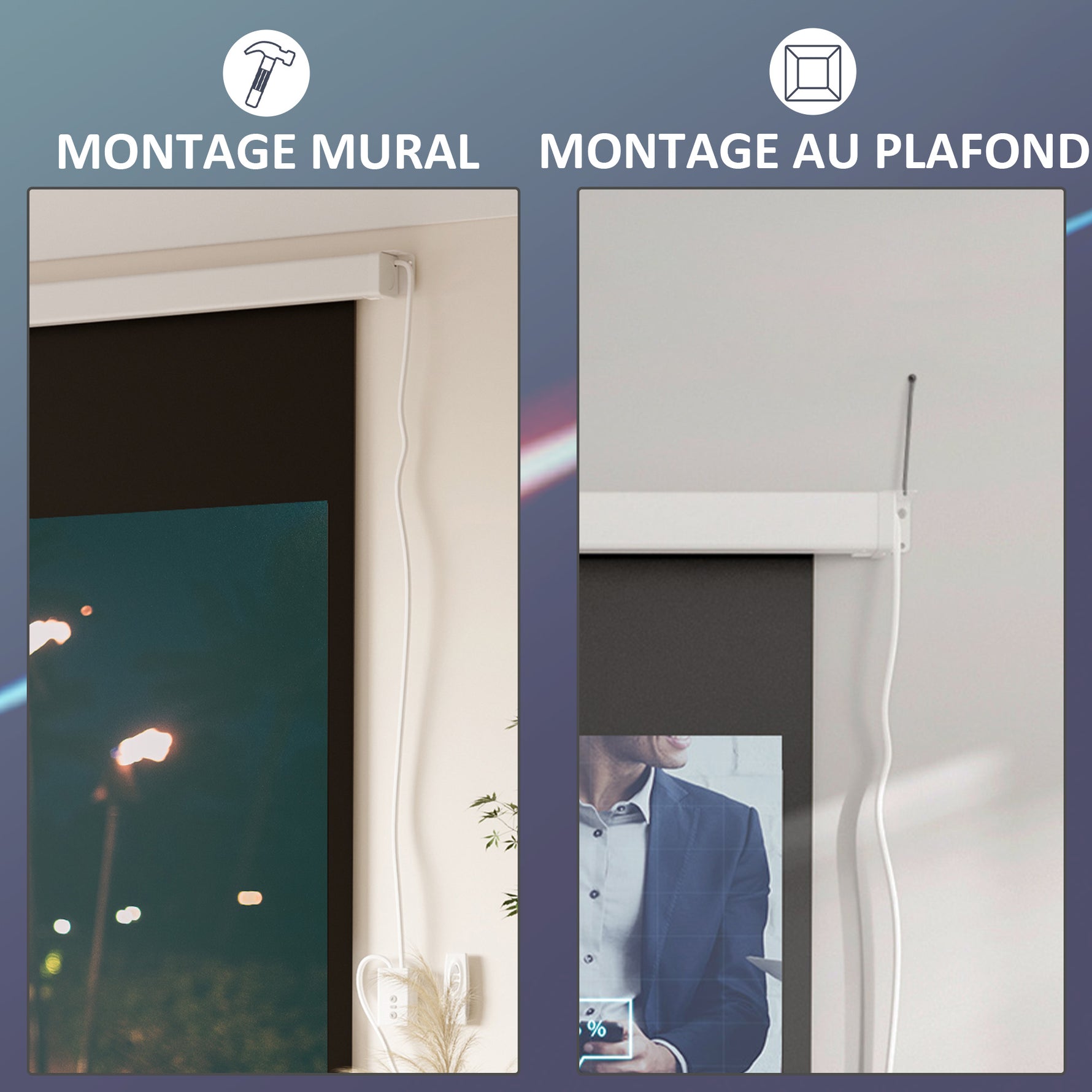 Écran vidéoprojecteur 100 Pouces, 16:9 4K HD écran de projection motorisé et électrique, écran de projection tv et home cinéma, montage mural ou plafond, panneau de commande et télécommande