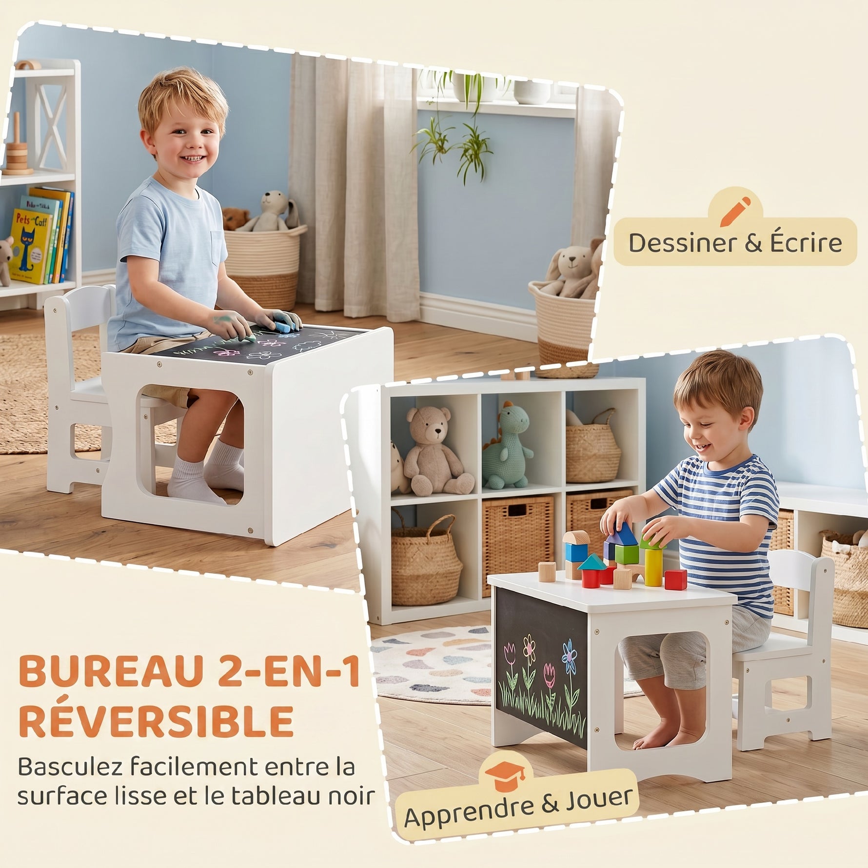 Bureau et Chaise pour Enfant avec Plateau Réversible Tableau Noir, 3 à 6 Ans, Blanc