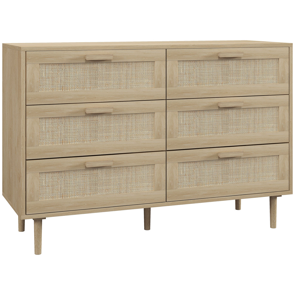 Cómoda de 6 cajones mueble de almacenaje con tejido de ratán dim. 110L x 40an x 75A cm aspecto madera clara