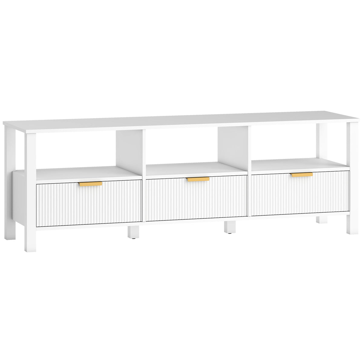Meuble TV 152 cm, meuble télé pour téléviseur 65 pouces avec 3 tiroirs et 3 étagères ouvertes, 152x39,5x50cm, blanc
