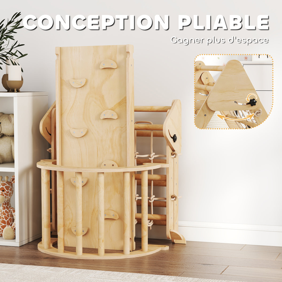 Triangle d'escalade enfants 8 en 1 avec rampe double face, arc d'escalade en bois avec toboggan & échelle, naturel