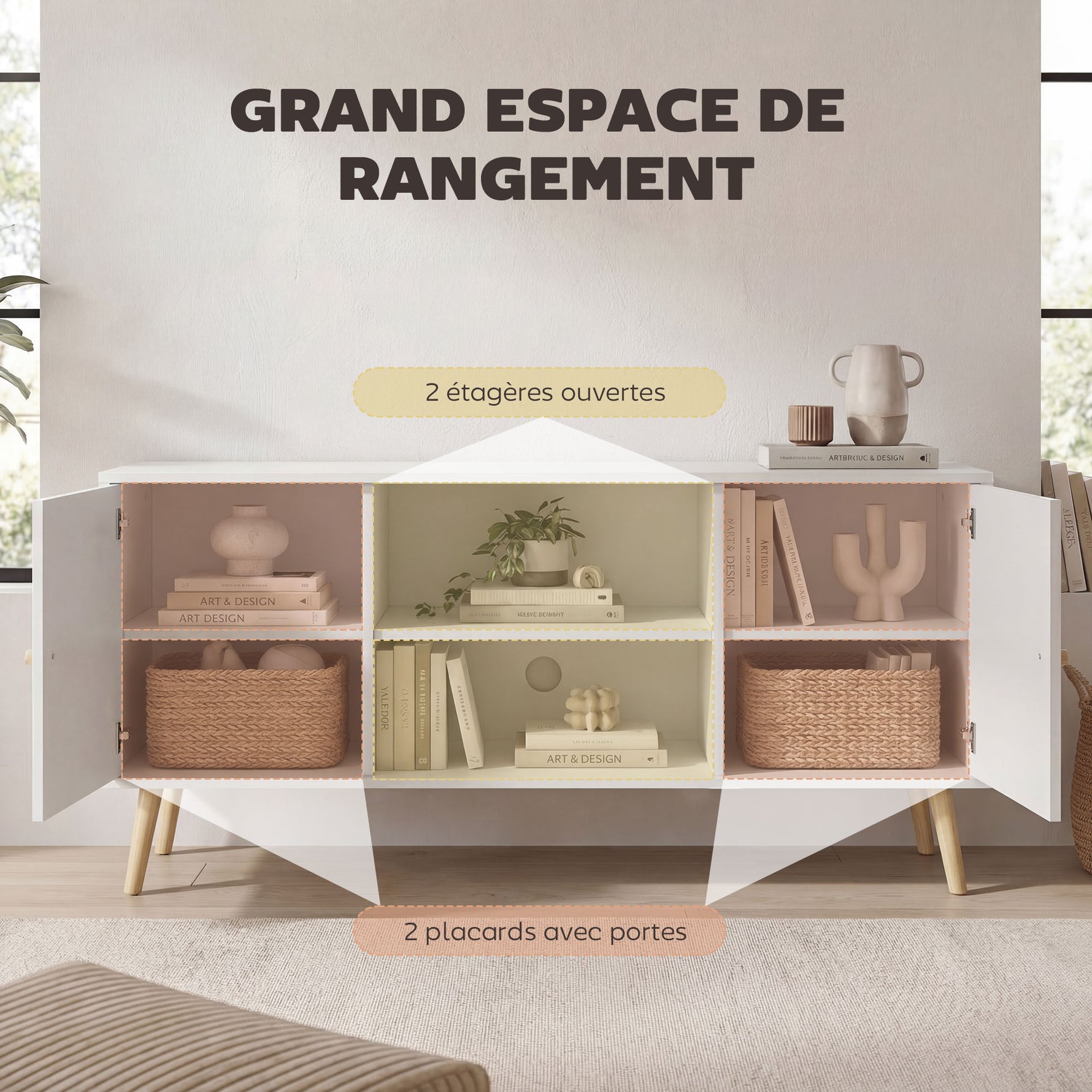 Meuble TV style scandinave 2 portes 2 niches passe-fils piètement bois pin panneaux blanc - 120 x 34 x 50 cm blanc