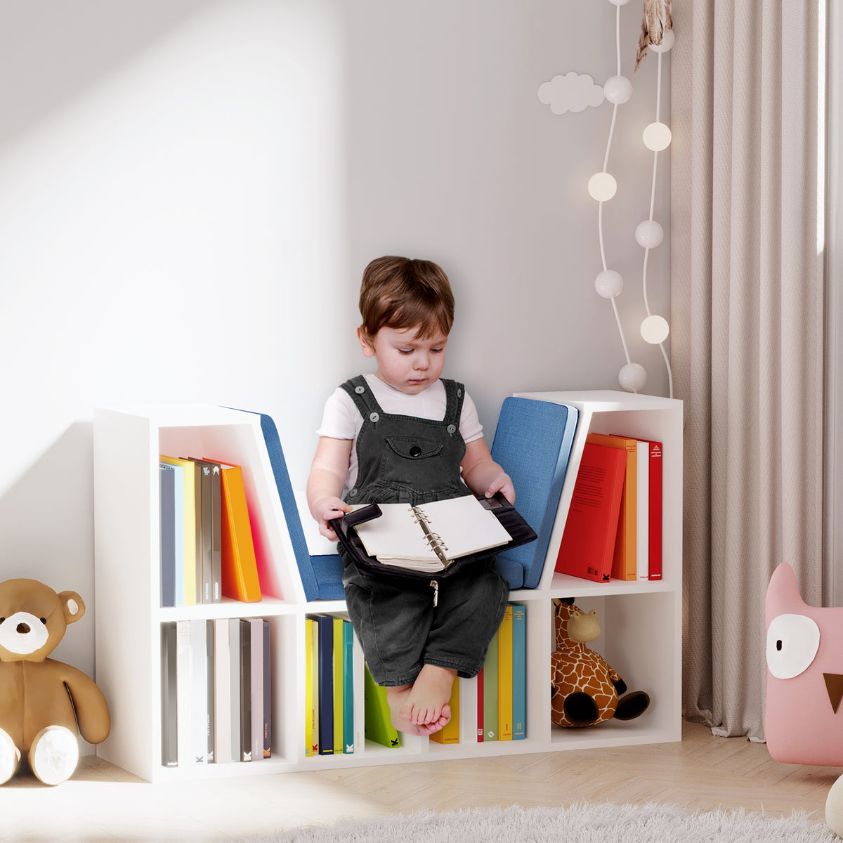 Bibliothèque banc 2 en 1 avec coussins de siège, étagère cube 6 compartiments ouverts et 2 niveaux, meuble de rangement pour salon, chambre à coucher, bureau, 102 x 30 x 61 cm, bleu