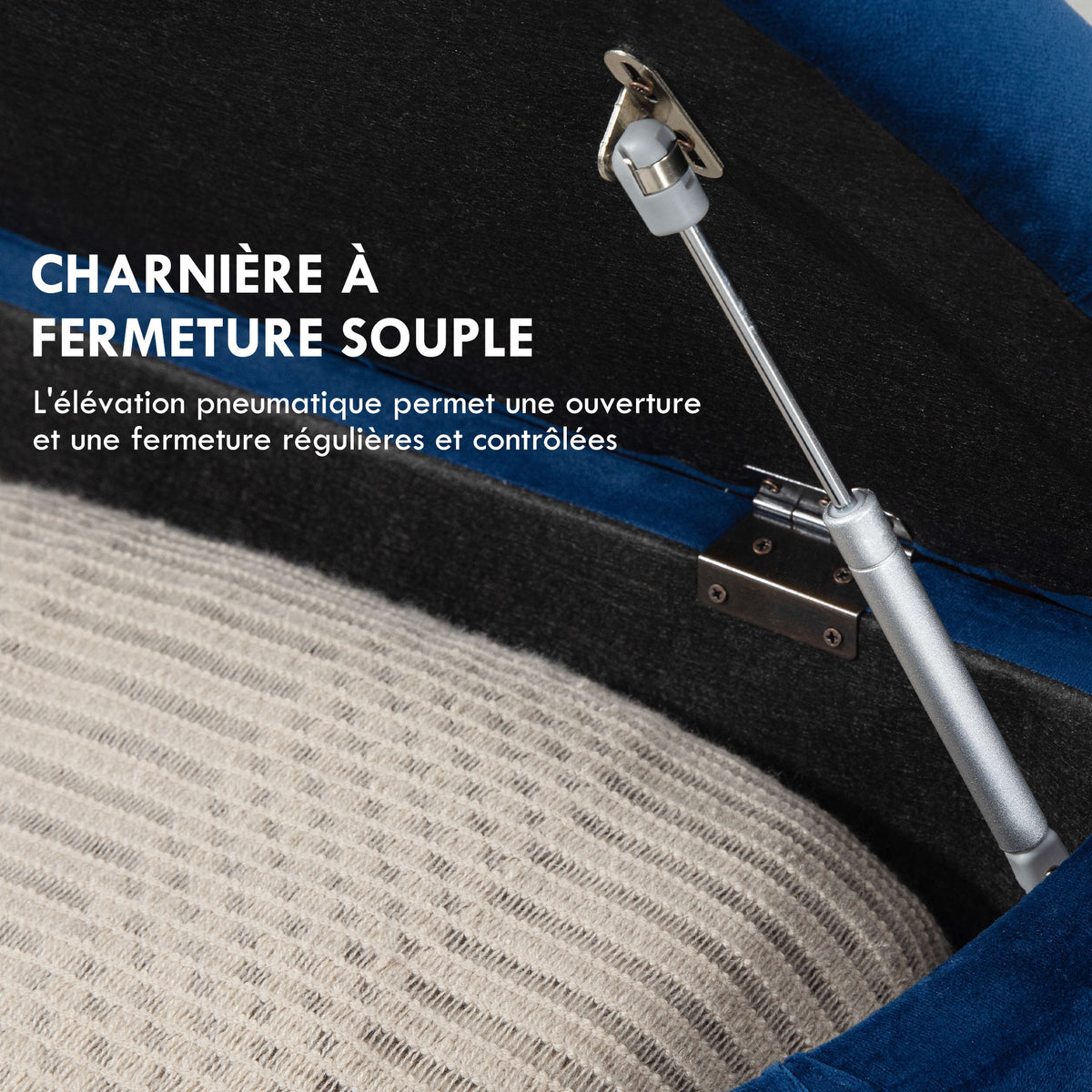 Pouf de Rangement Coffre 2 en 1 - Pouf capitonné Demi-Cercle - Pieds Bois hévéa Noir revêtement Velours Bleu