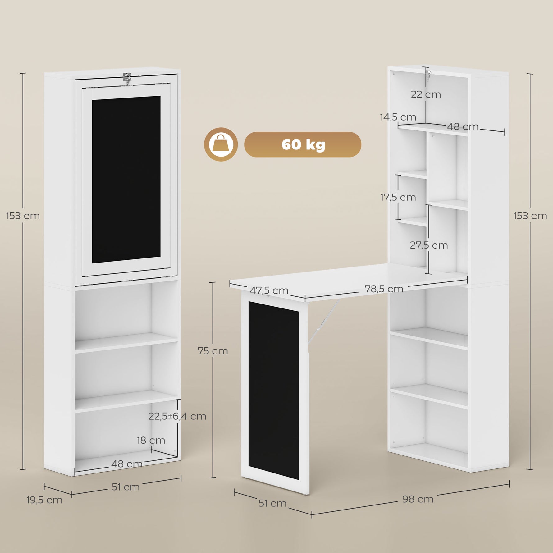 Bureau avec rangement pliable murale rabattable avec bibliothèque poste de travail tableau à craie et étagère réglable