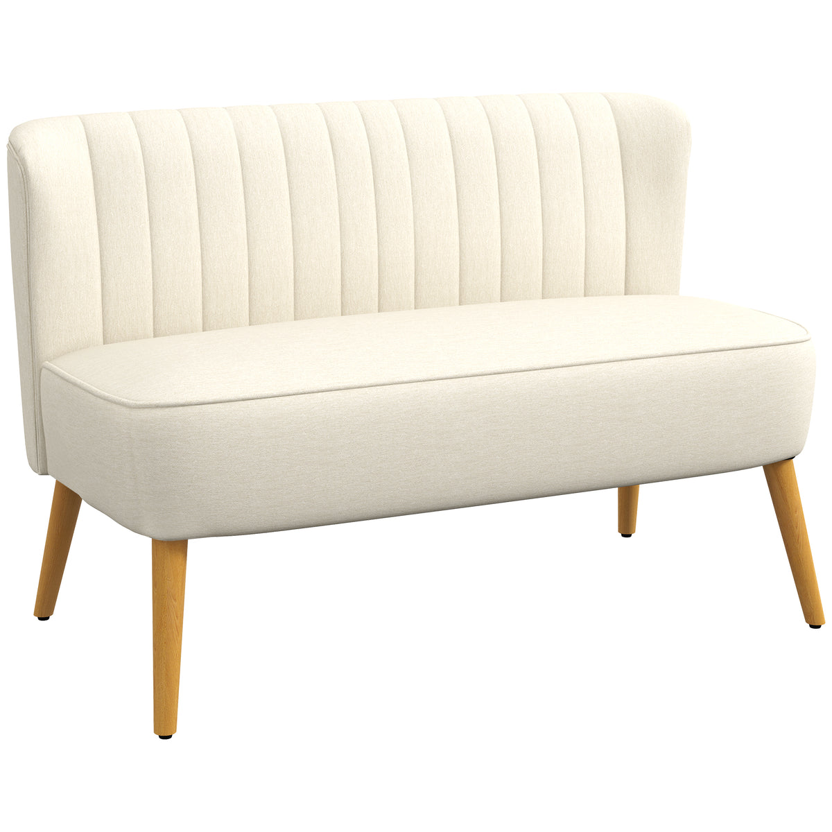 Canapé 2 places, canapé de salon en tissu aspect lin, assise rembourrée et pieds en bois d'hévéa, 117x56,5x77cm, crème
