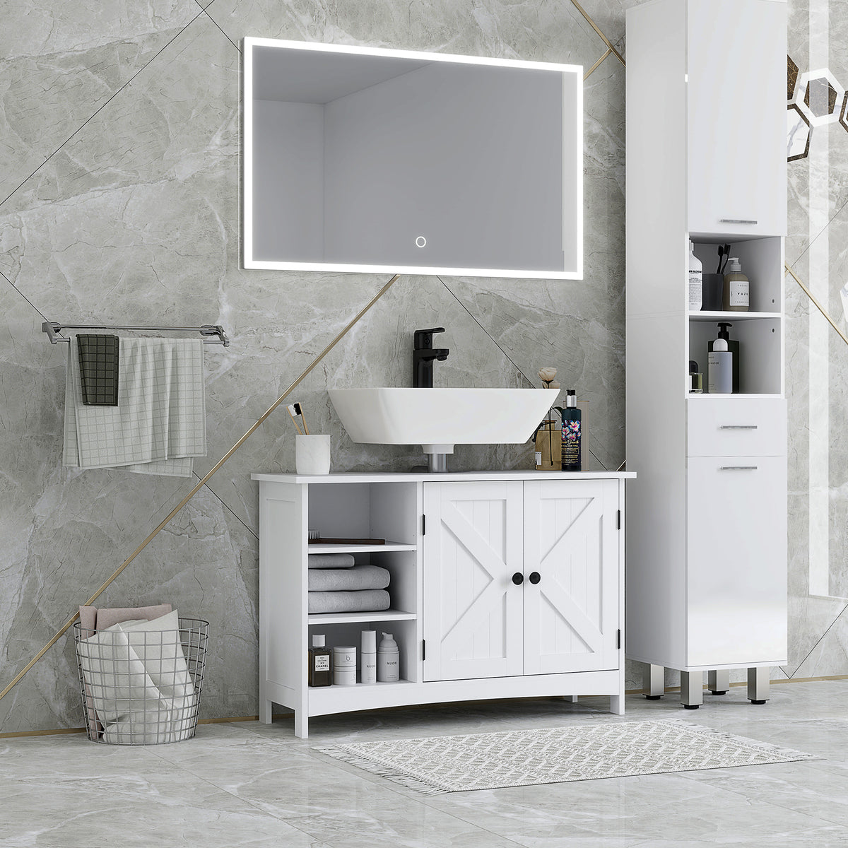 Meuble sous vasque lavabo salle de bain style classique placard 2 portes étagères réglables 90 x 30 x 60 cm blanc