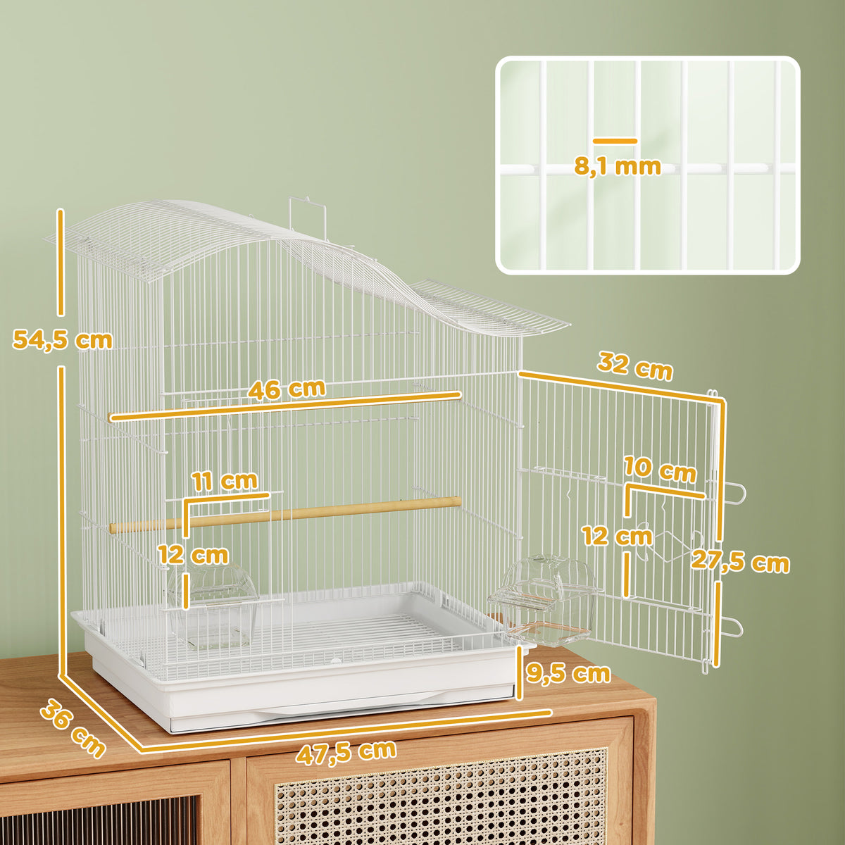Cage à oiseau volière avec 4 portes, 2 perchoirs, plateau coulissant, pour inséparables perruches 4,7,5x36x54,5cm, blanc