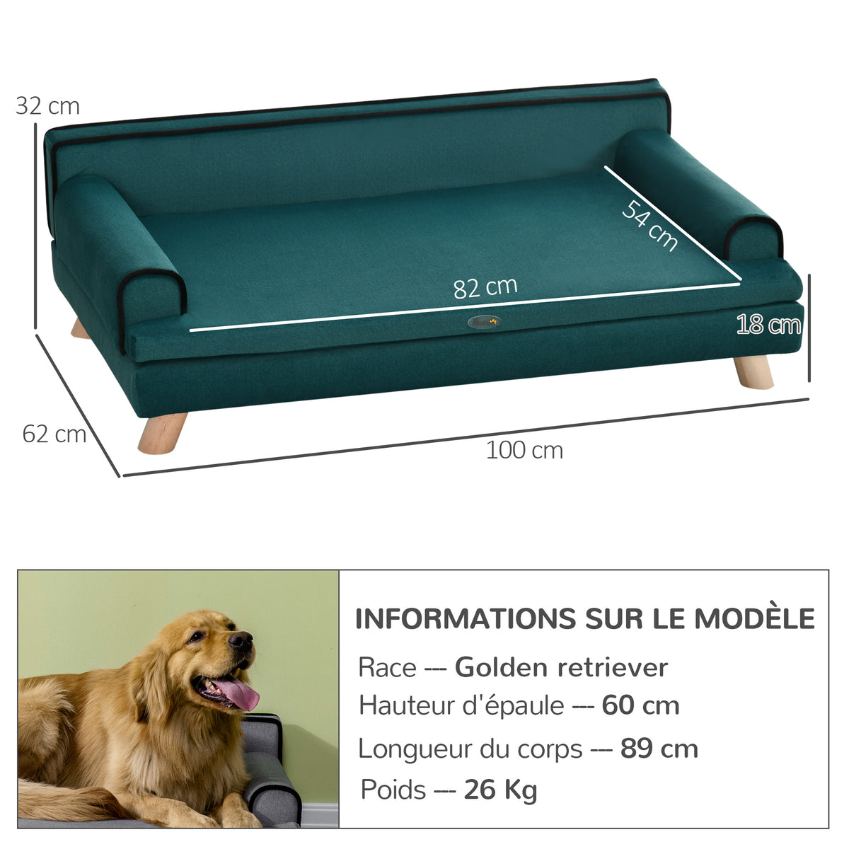 Canapé pour chien chat design scandinave coussin moelleux amovible pieds bois massif 100 x 62 x 32 cm bleu canard