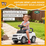 Porteur enfants voiture sous licence Land Rover, véhicule à pousser, klaxon, sons de moteur, rangement sous siège, blanc