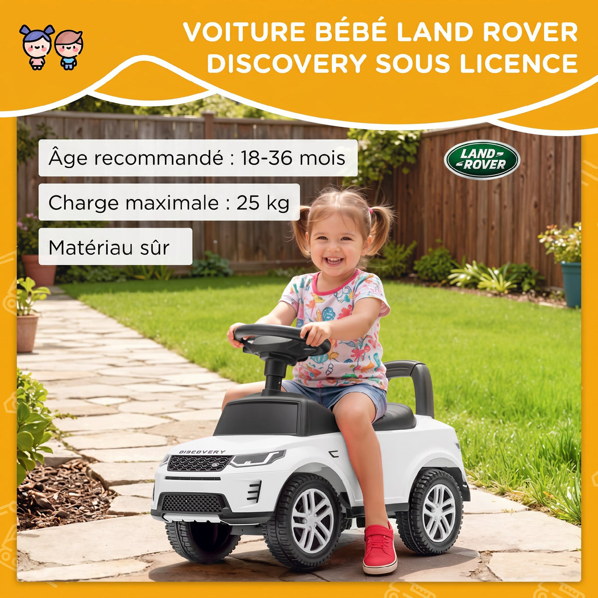 Porteur enfants voiture sous licence Land Rover, véhicule à pousser, klaxon, sons de moteur, rangement sous siège, blanc