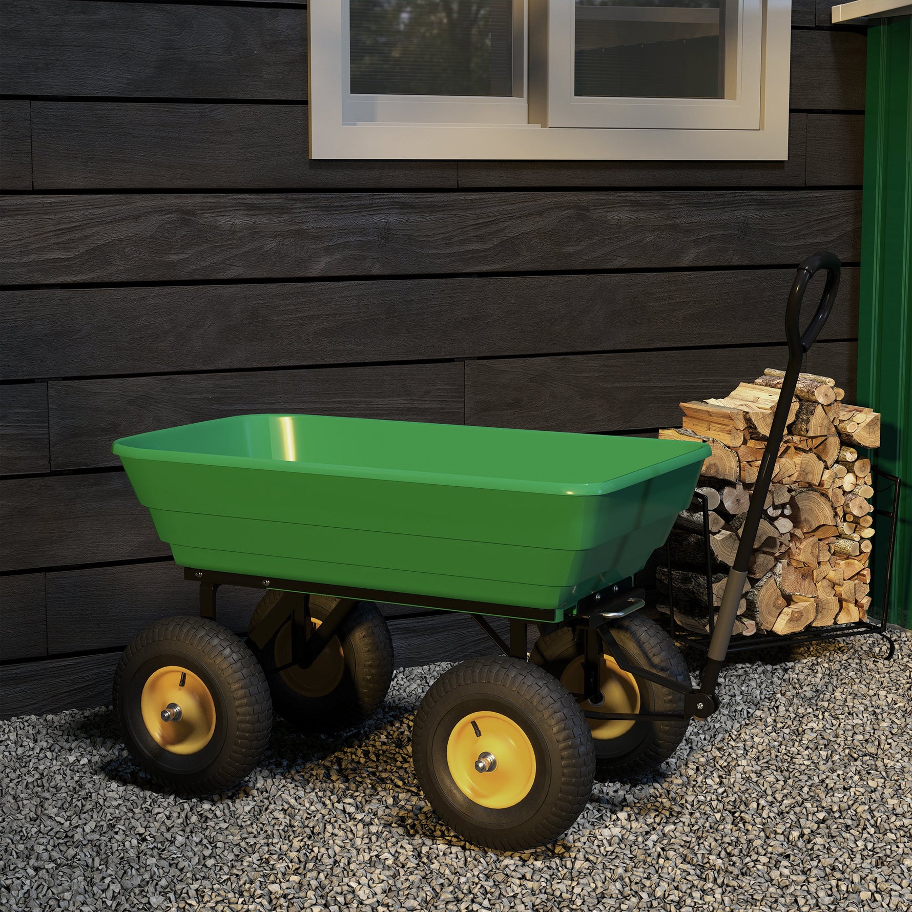 Chariot de Jardin à Main Benne basculante 75° 75L Charge Max. 200 Kg 4 Roues pneumatiques Acier PP Jaune Vert