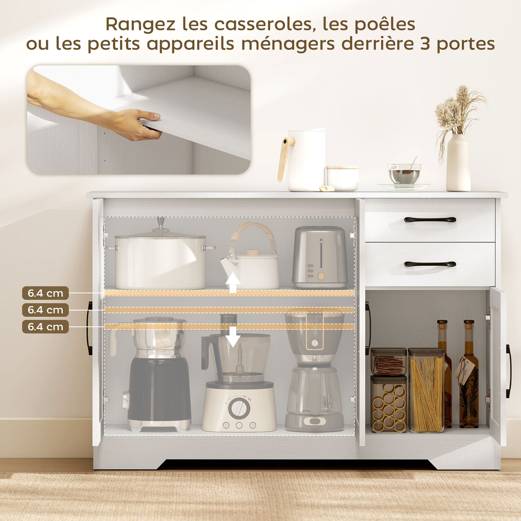 Buffet, meuble de rangement avec 3 portes, 2 tiroirs et étagère réglable, 120 x 38 x 79 cm, blanc