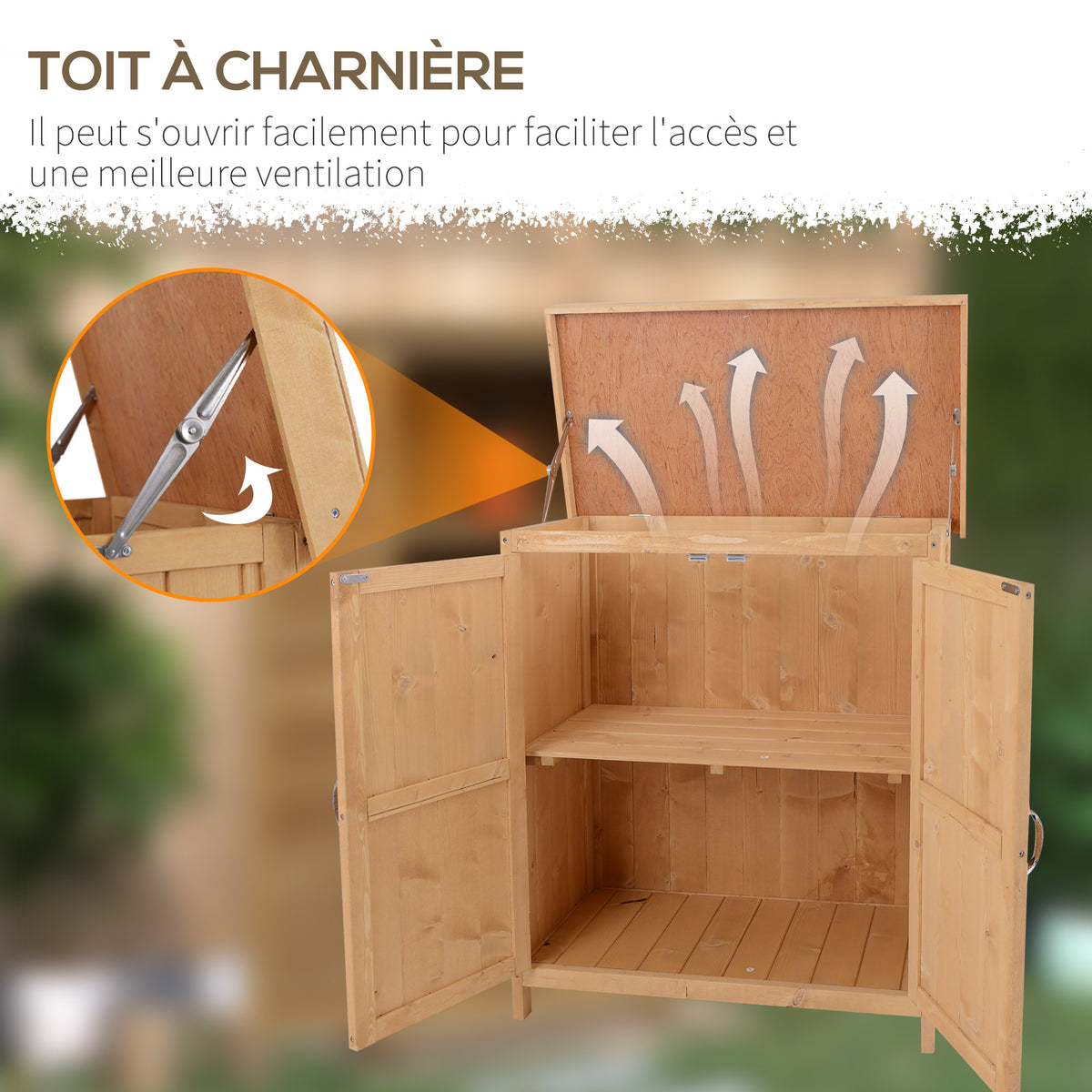 Armoire de Jardin sur Pied Double Porte étagère et Toit bitumé relevable dim. 74L x 43l x 88H cm Bois Massif de Sapin