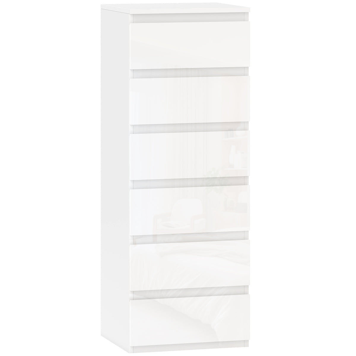 Cassettiera a 6 cassetti ad alta lucentezza, mobile contenitore stretto senza maniglie, 40 x 35 x 109 cm, bianco