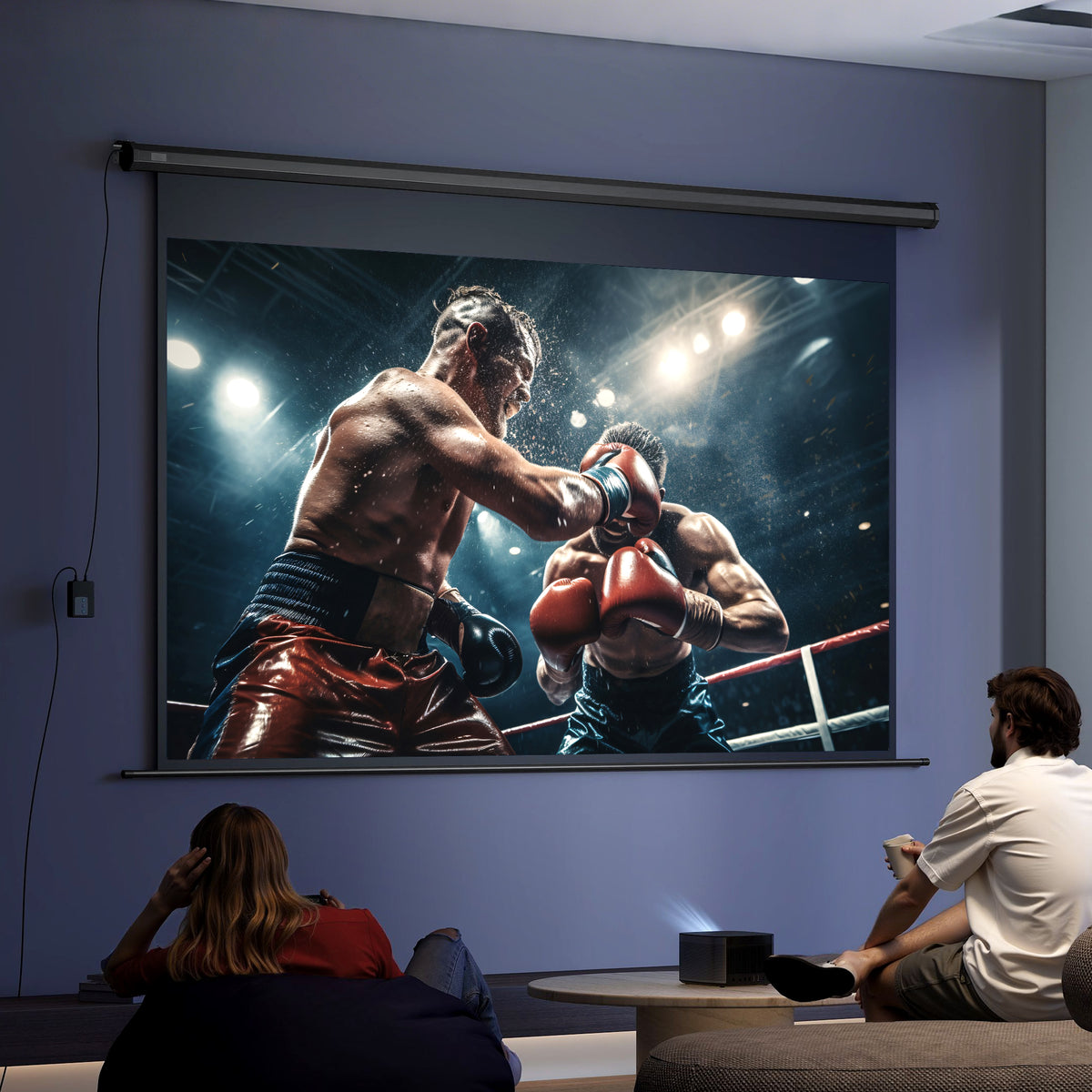 Pantalla de proyección motorizada de 120 pulgadas, 16:9 4K HD, montaje en pared o techo con mando a distancia, 297x8x183 cm