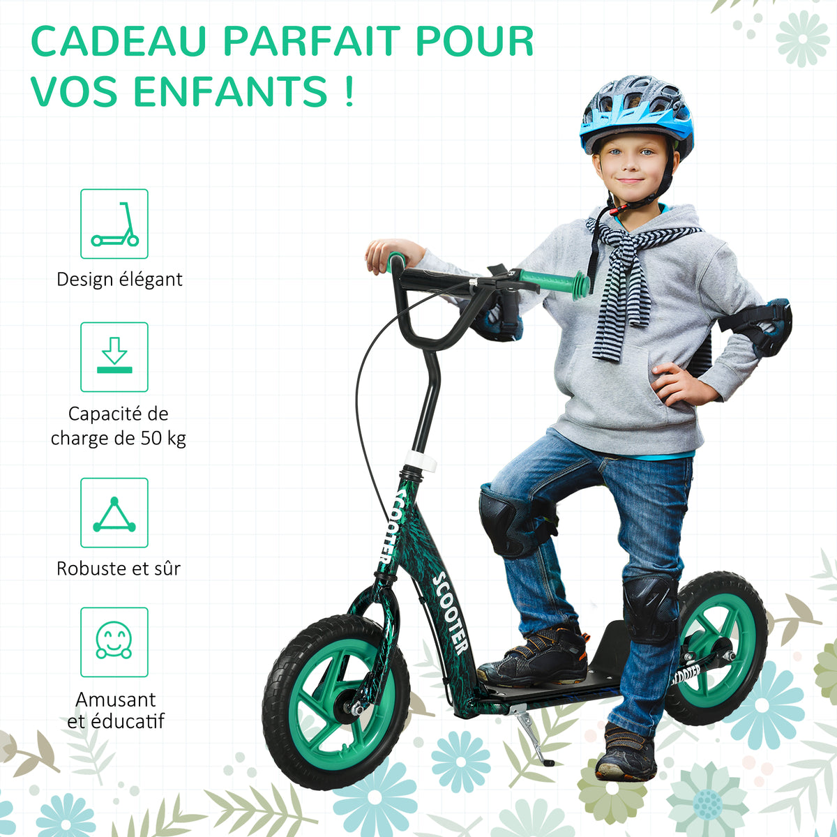 Haurrentzako patinetea, gurpil handiak, 6 urtetik 12 urtera, altuera erregulagarria, atzeko balazta, euskarria, berdea