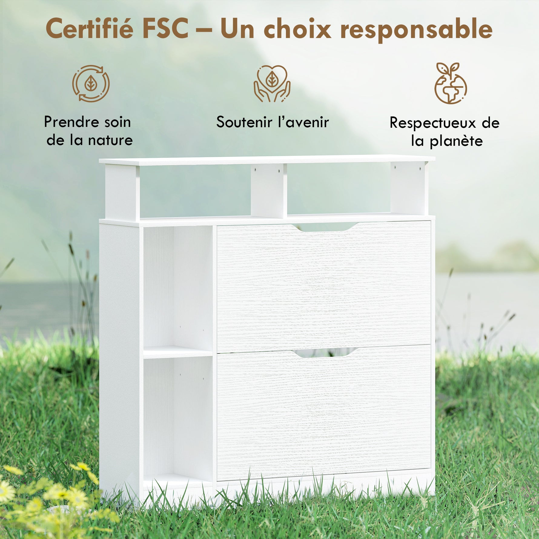 Meuble à chaussures, armoire à chaussures, 2 tiroirs rabattables, compartiments ouverts et étagère réglable, blanc