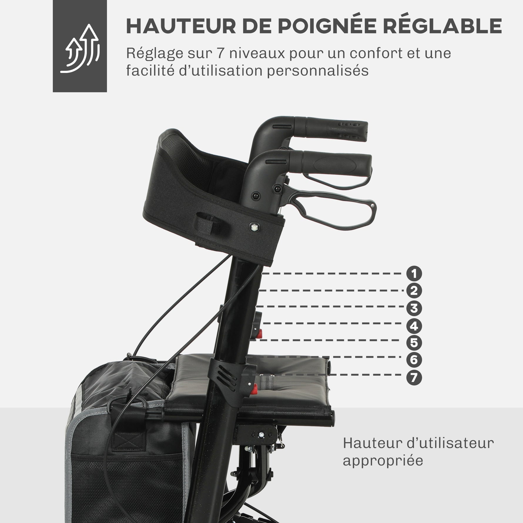 Déambulateur 4 roues pliable, rollator en aluminium léger, siège rembourré, dossier, poignée réglable, 69x64x98,5cm noir