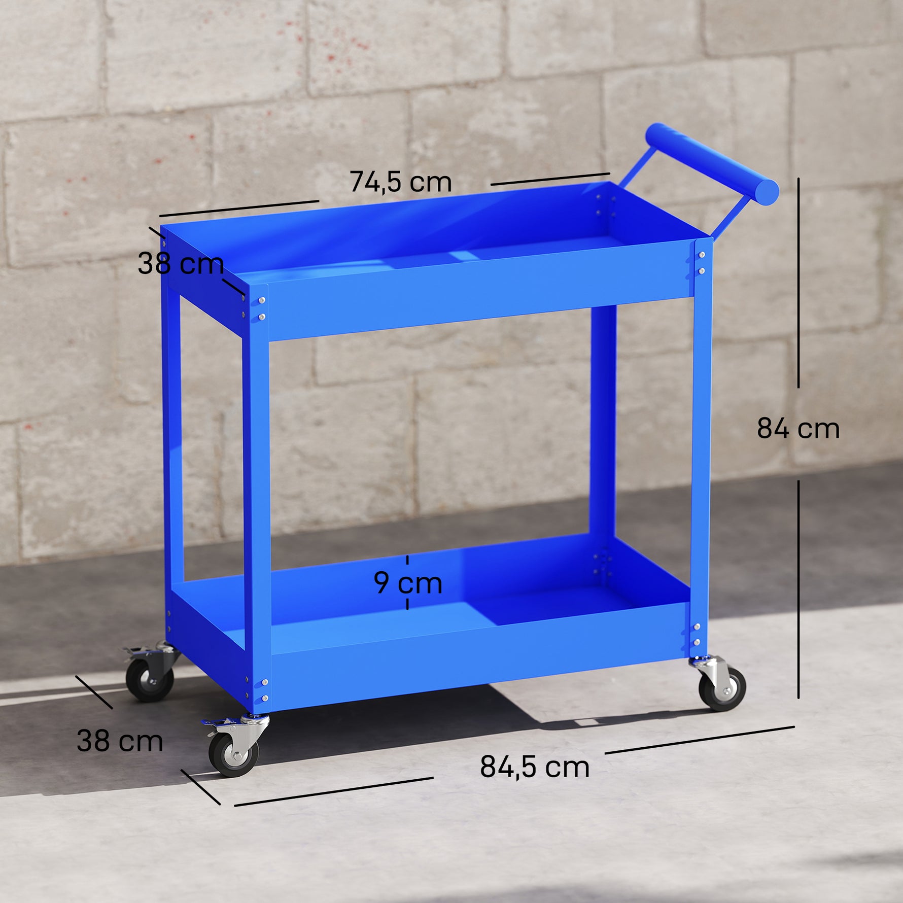 Chariot d'atelier servante atelier à 2 niveaux, poignée latérale et roulettes verrouillables, 84,5x38x84cm, bleu