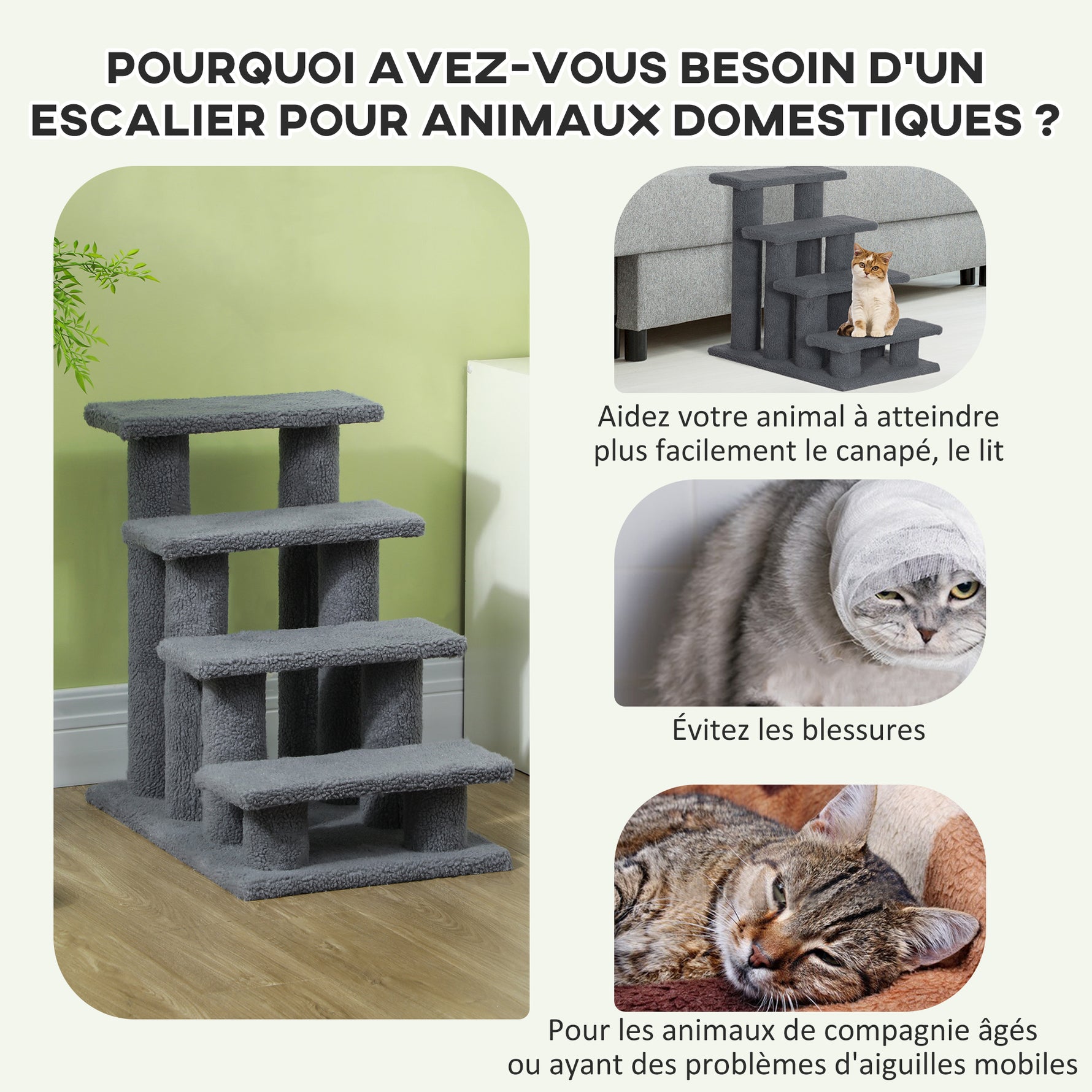 Escalier pour animaux de compagnie avec 4 marches revêtement effet laine bouclée 61 x 41 x 60 cm gris