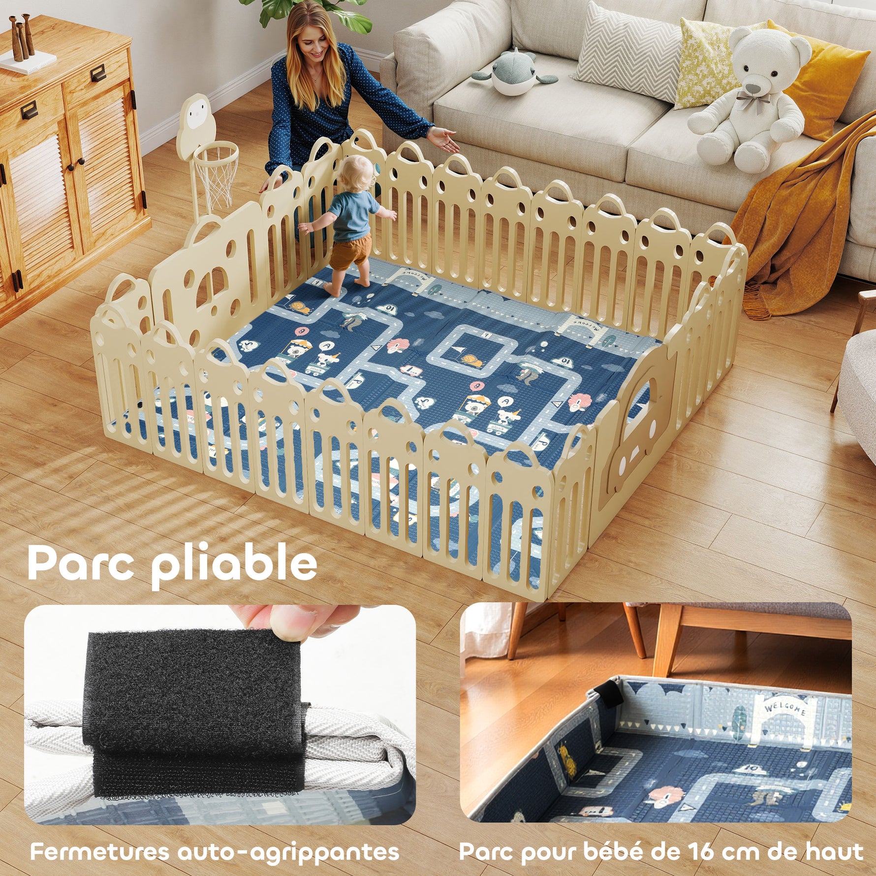 Tapis de jeu pour bébé pliable et réversible, tapis de sol en mousse épais, 202 x 180,5 x 1 cm, multicolore