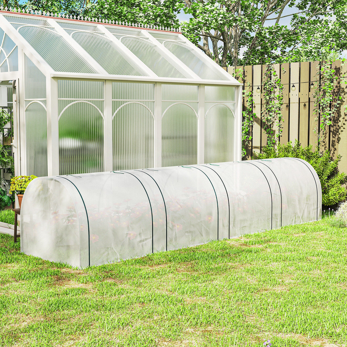 Mini serre de jardin serre à tomates 4 x 1 x 0,80 m acier PE anti-UV 4 portes avec zip enroulables blanc