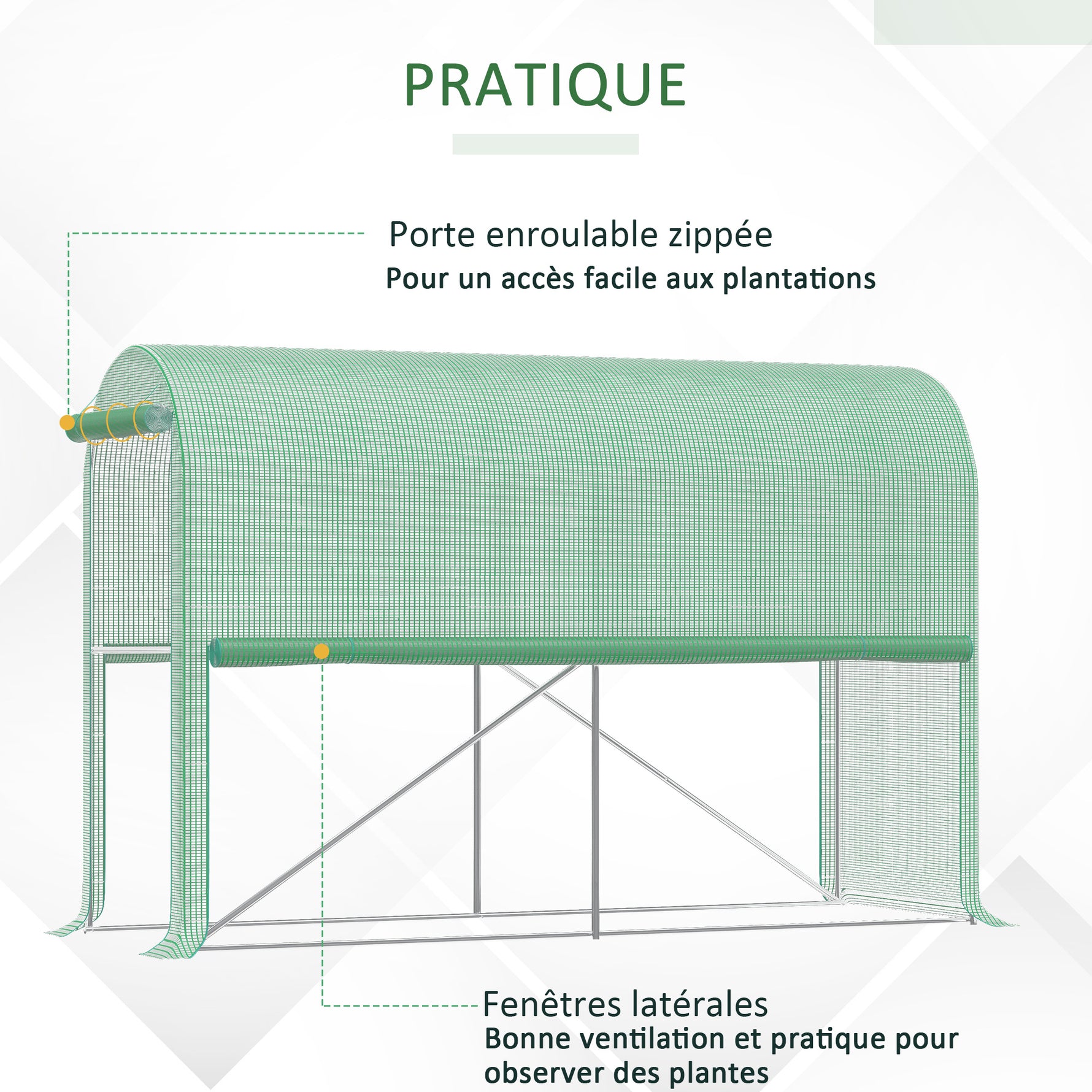 Serre de jardin PE, serre de balcon, bâche renforcée 140 g/m², châssis en acier, porte zippée enroulable, pour légumes plantes fleurs, intérieur et extérieur, 300 x 100 x 200 cm, vert