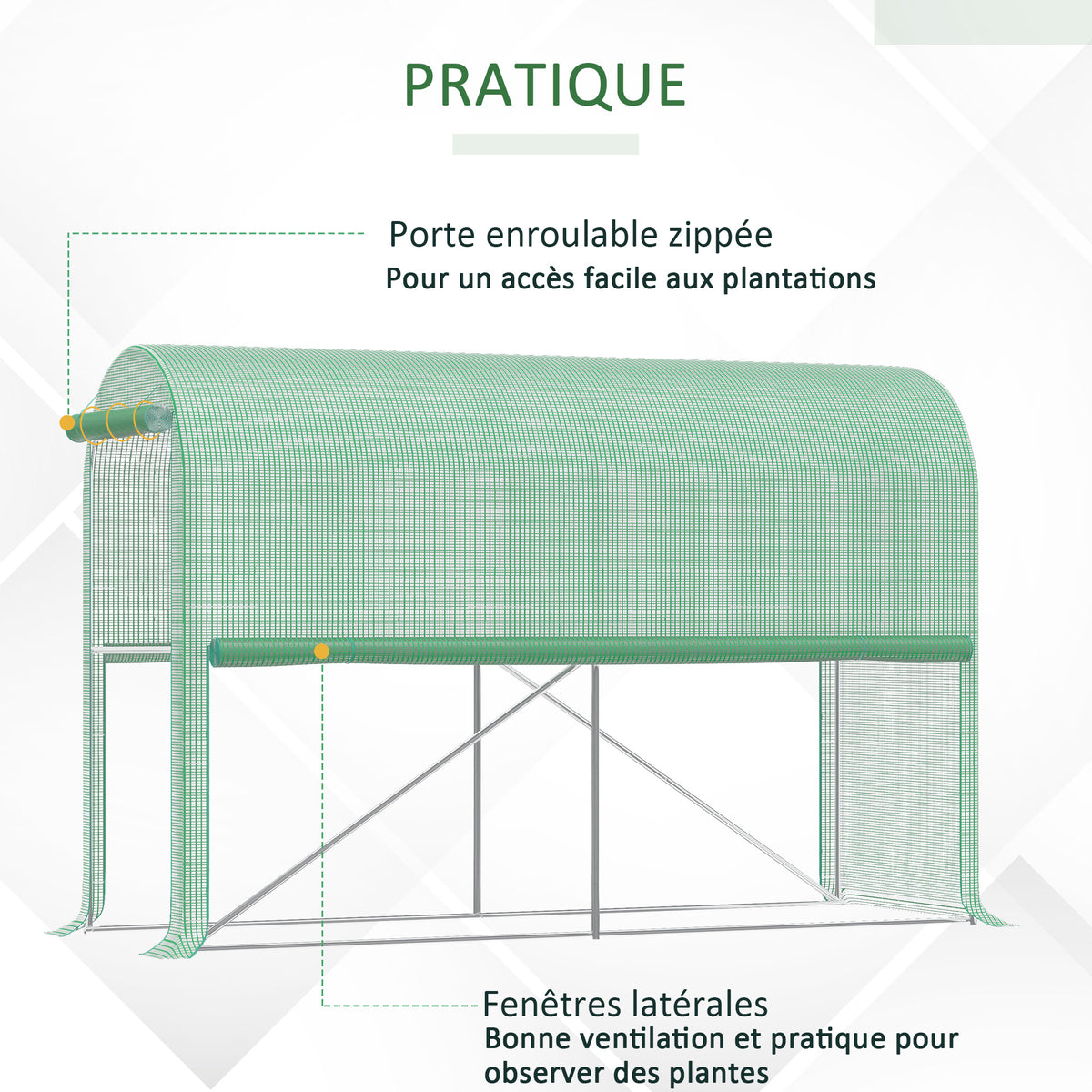 Serre de jardin PE, serre de balcon, bâche renforcée 140 g/m², châssis en acier, porte zippée enroulable, pour légumes plantes fleurs, intérieur et extérieur, 300 x 100 x 200 cm, vert