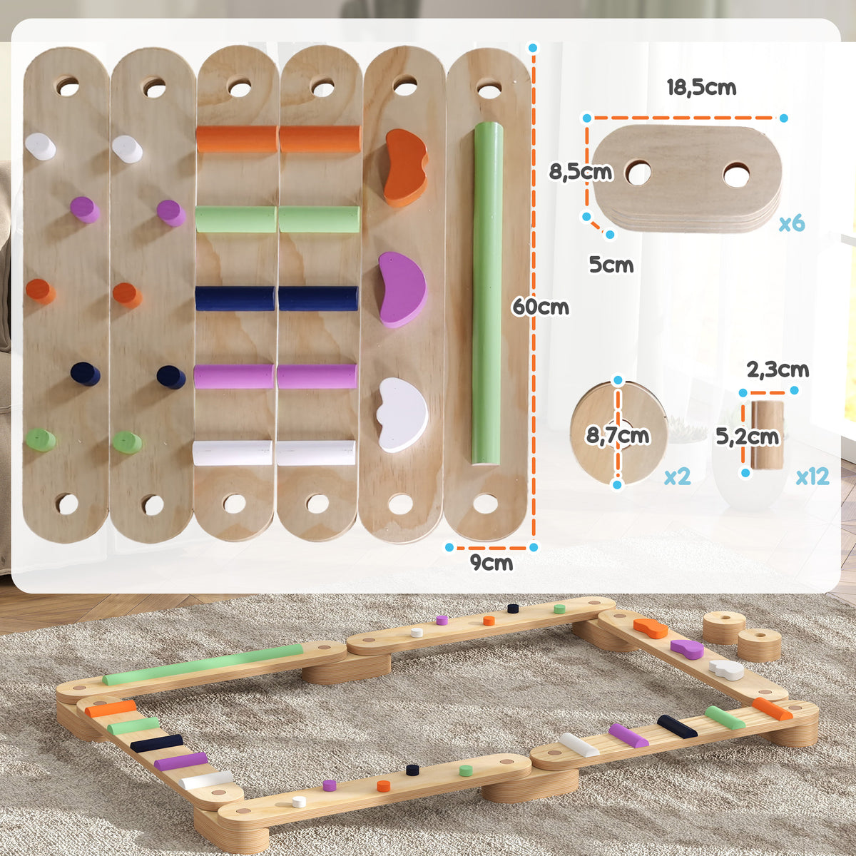 Viga de equilibrio de madera para niños de 3 a 8 años con piedras de obstáculos coloridas, interior y exterior