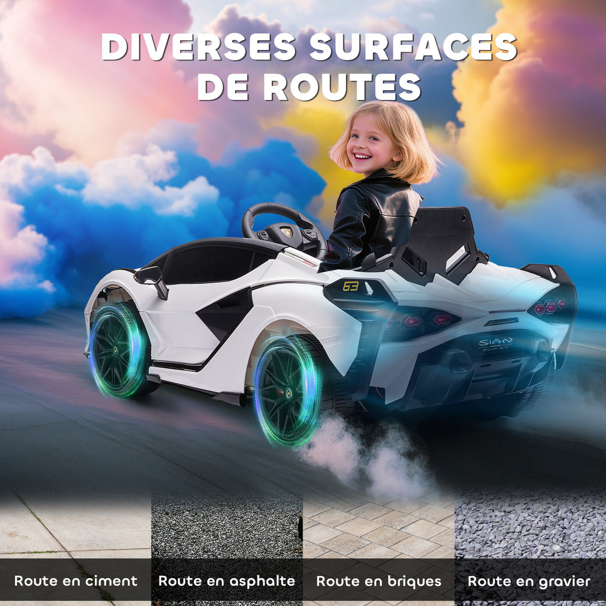 Elektroauto für Kinder Sportwagen Lamborghini Sian 12 V – V. max. 5 km/h mit 2,4-GHz-Fernbedienung Sound- + Lichteffekte Weiß