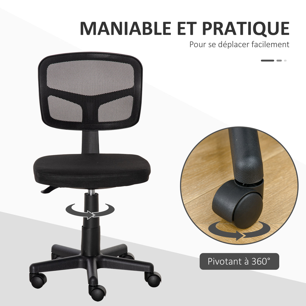 Chaise de bureau sans accoudoirs, fauteuil de bureau en maille, hauteur réglable, assise rembourré, pivotant 360°, noir
