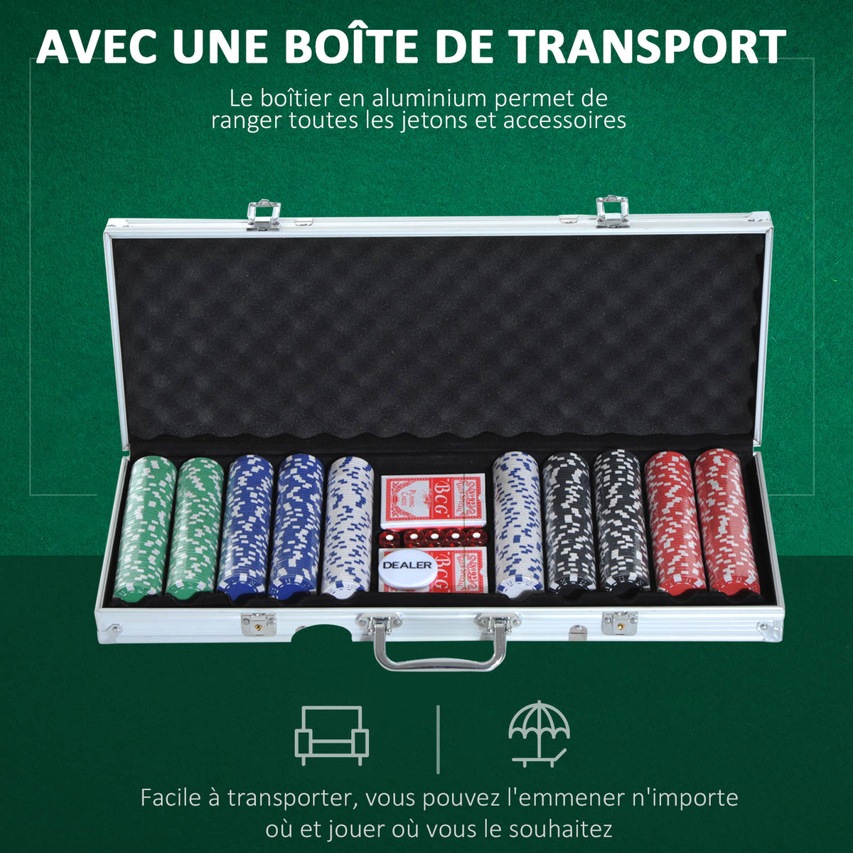 Mallette de Poker Coffret de Poker Complet avec 500 jetons 2 Jeux de Cartes + 5 dés Bouton Dealer 2 clés alu.