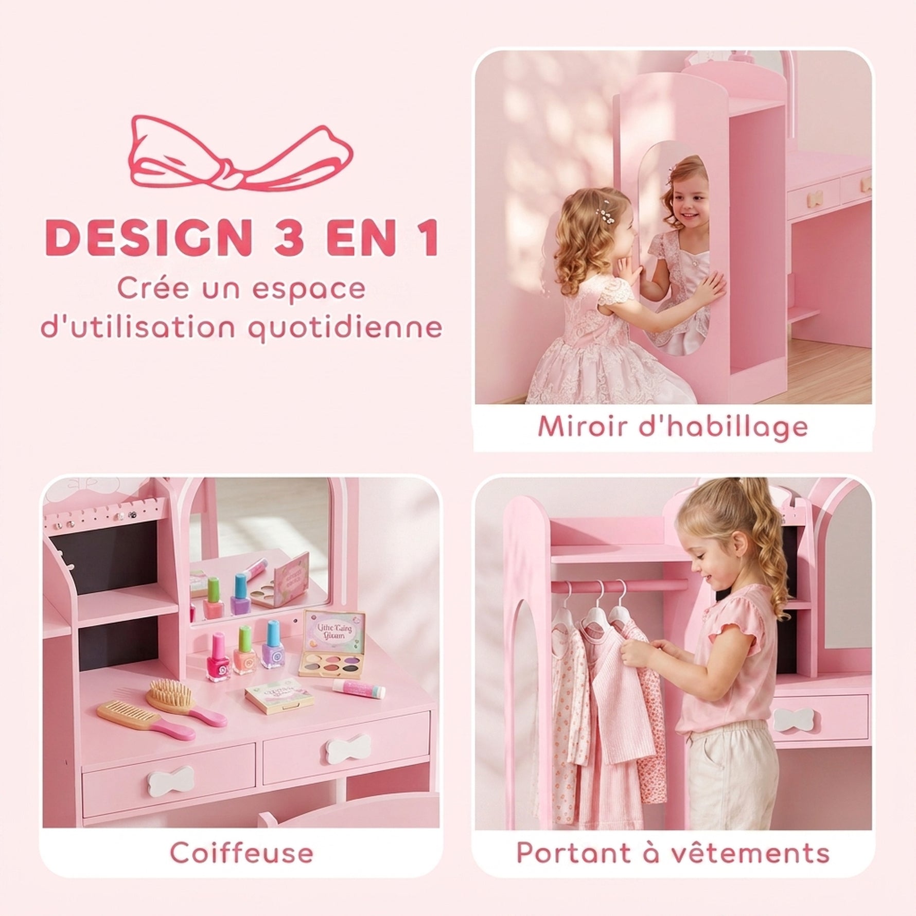 Coiffeuse pour Enfants avec Tabouret et Miroir Lumineux à 2 Couleurs en Acrylique, Coiffeuse Bureau Fille 3-8 Ans, Rose