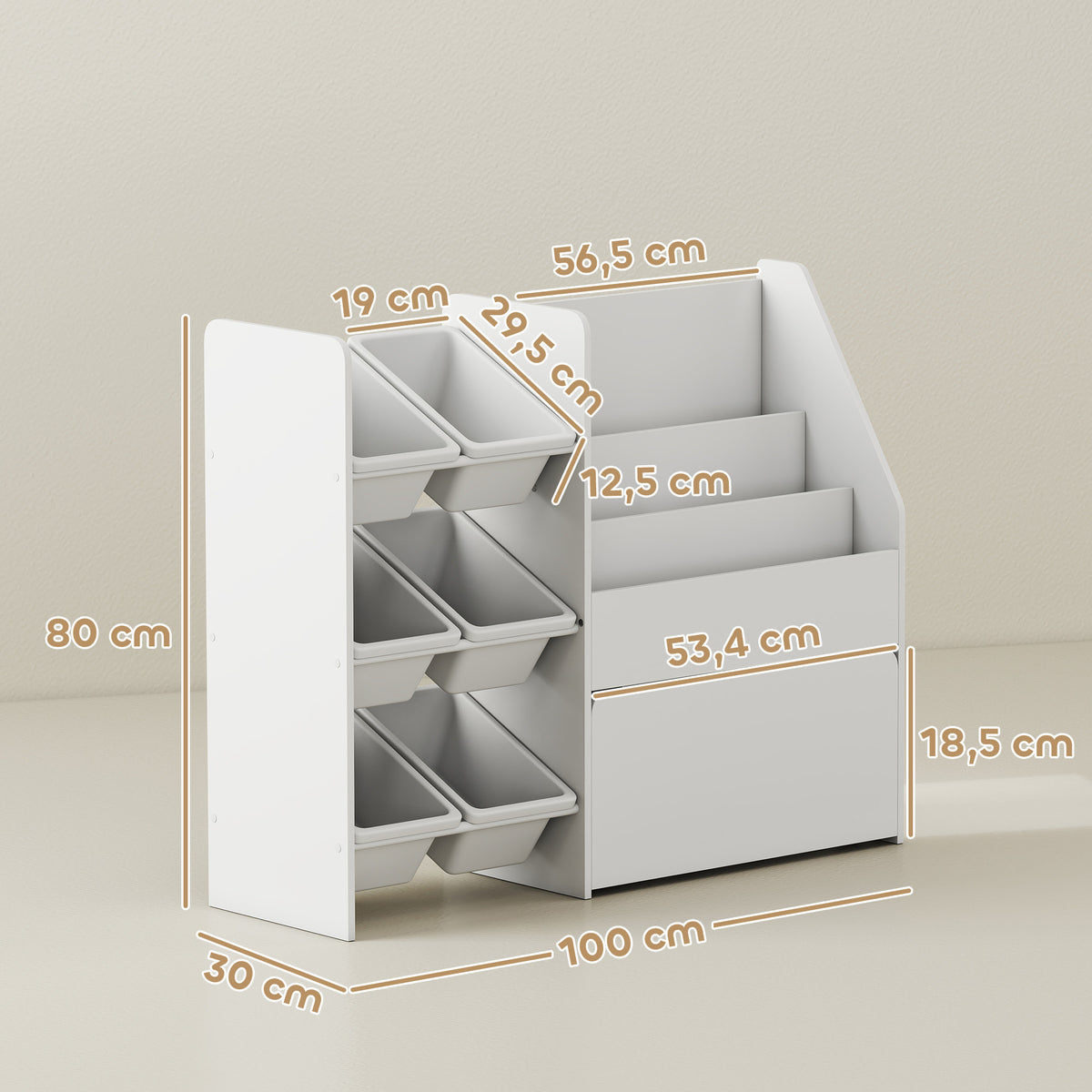 Meuble rangement enfant rangement jouet enfant 6 bacs amovibles et grand coffre à roulettes 100 x 30 x 80 cm blanc