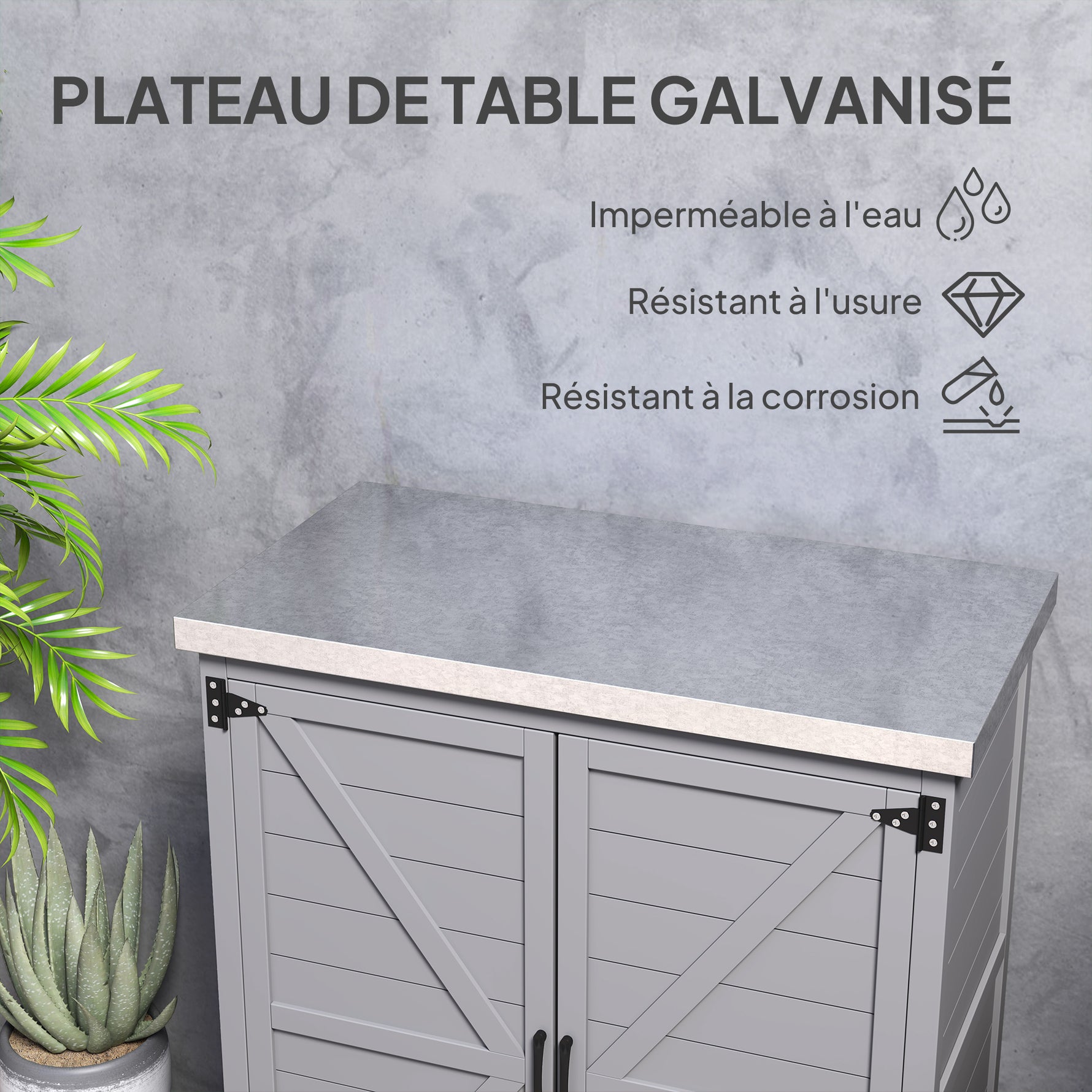 Armoire de jardin en Bois Extérieur, armoire de rangement de Jardin avec Plan de Travail acier galvanisé 79x43x92cm gris
