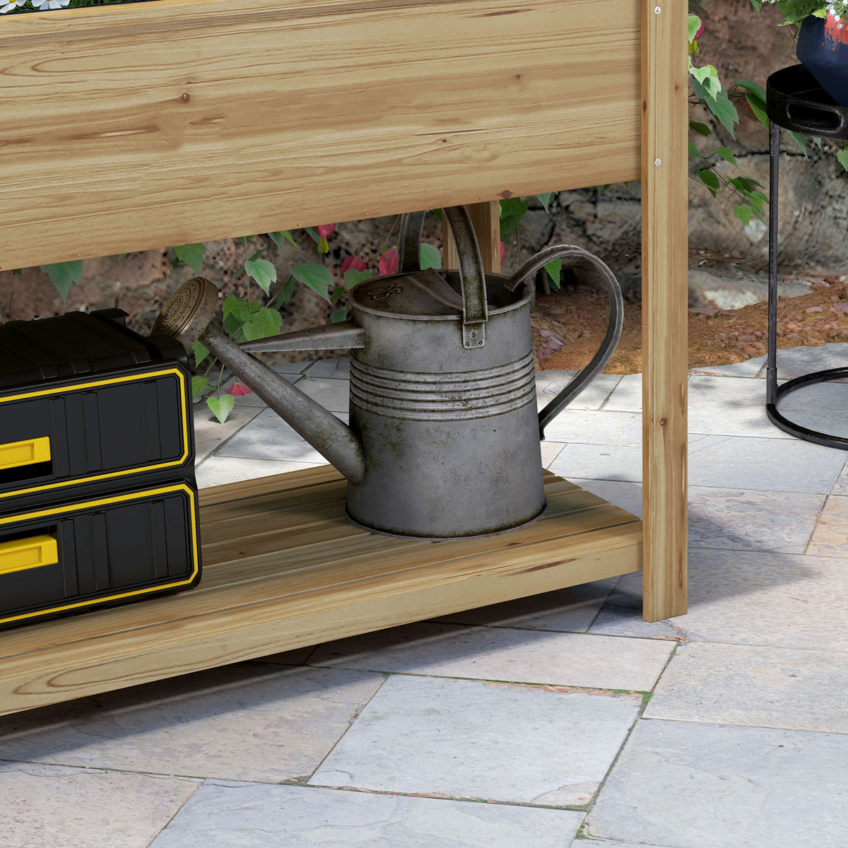 Jardinière rectangulaire sur pieds avec treillis 2 tablettes latérales rabattables 1 étagère inférieure bois