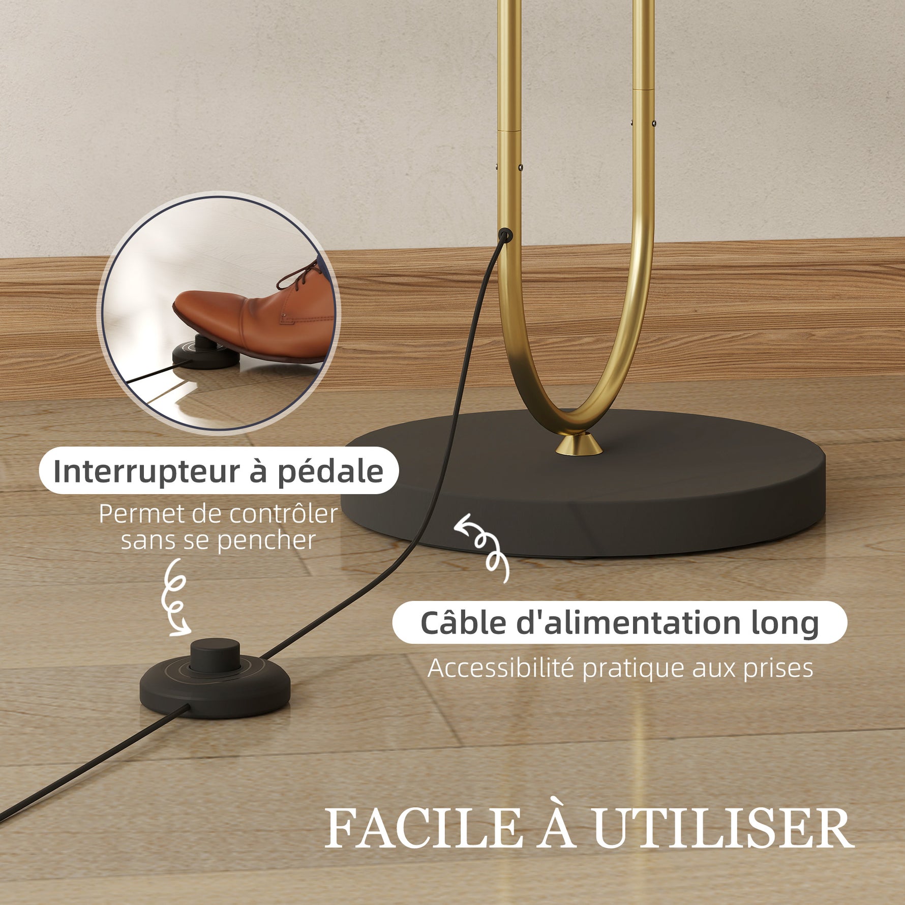 Lampadaire abat-jour en lin douille E27 style moderne interrupteur à pied pour salon et chambre 156 cm doré et noir