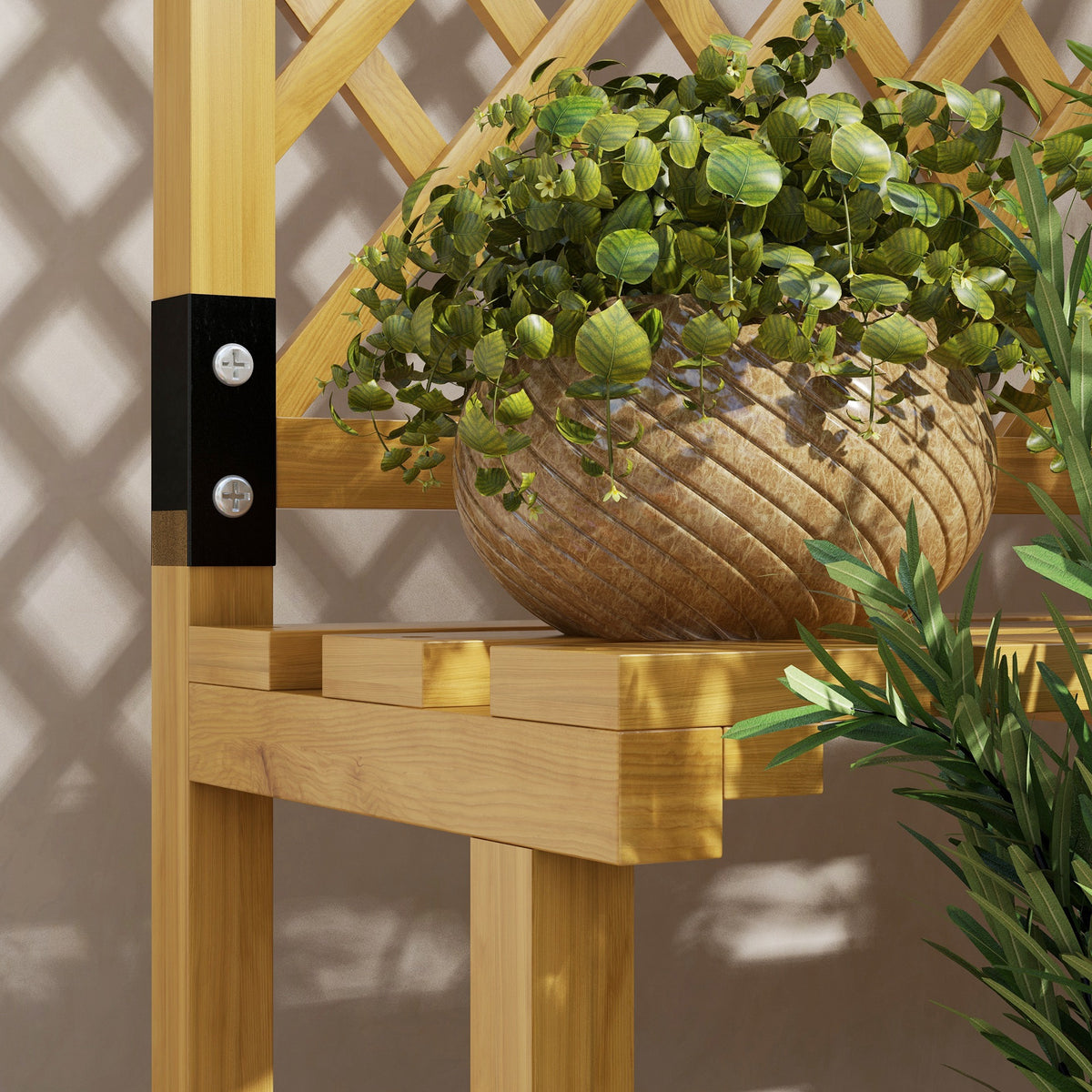 Support plantes intérieur porte plante intérieure à deux niveaux avec treillis 60 x 50 x 166 cm en bois massif jaune