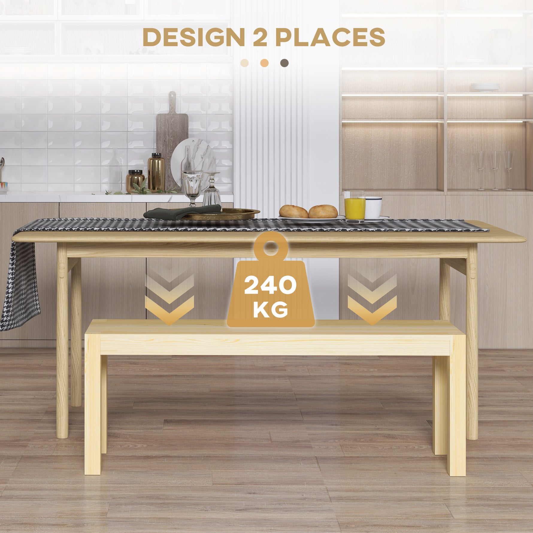 Banc de cuisine en bois massif 2 places, banc de salle à manger, charge 240 Kg, 120 x 33 x 45 cm, bois naturel