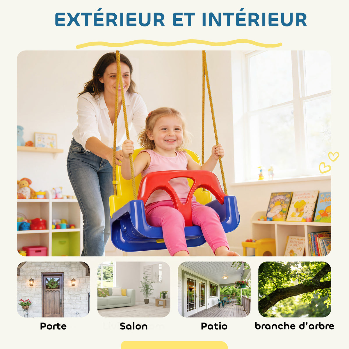 Altalena 3 in 1 evolutiva per bambini con schienale e barra a T rimovibili, per interno ed esterno, altezza regolabile