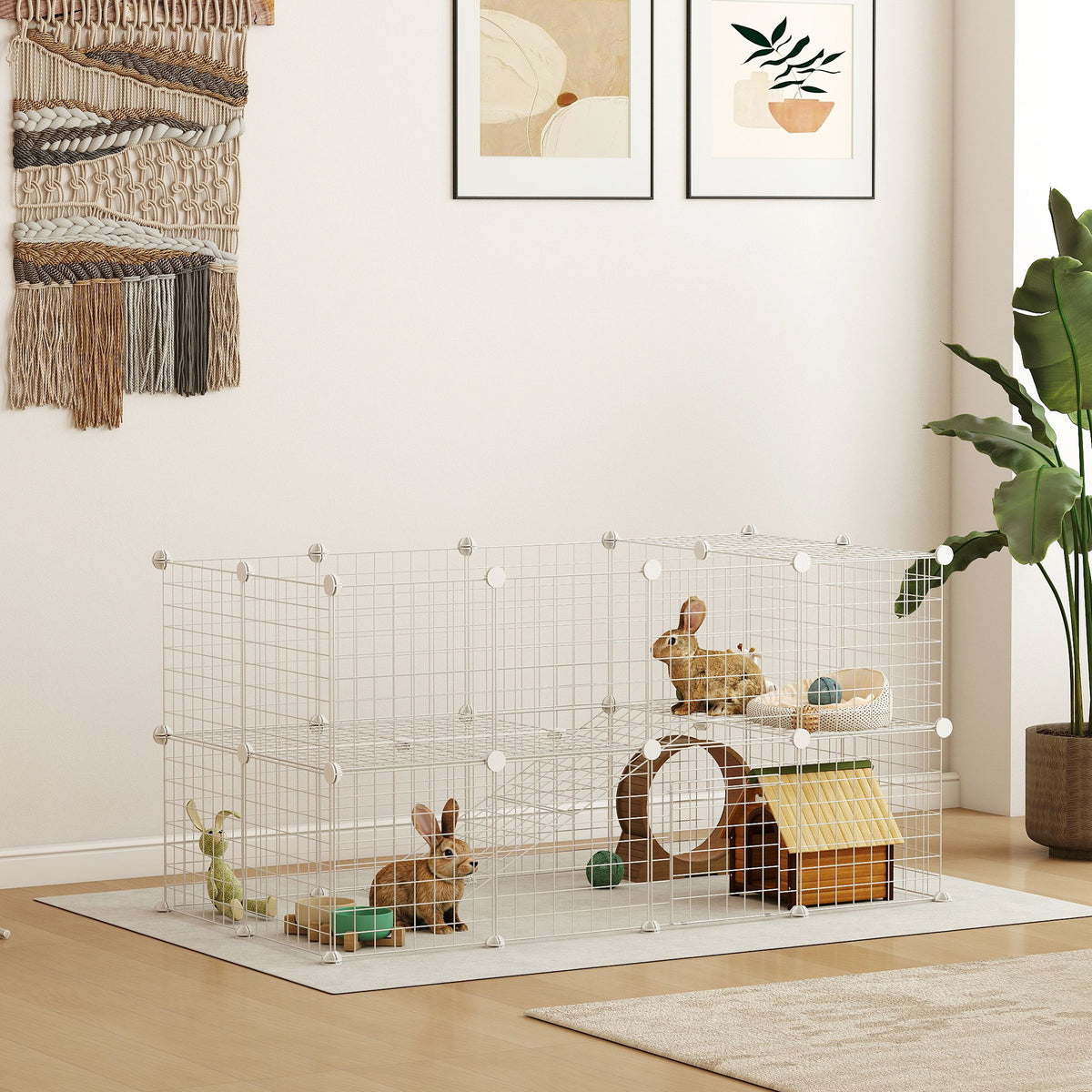Cage parc clôture pour animaux domestiques enclos pour petits animaux modulable 2 niveaux fil en acier 146x73x73cm blanc