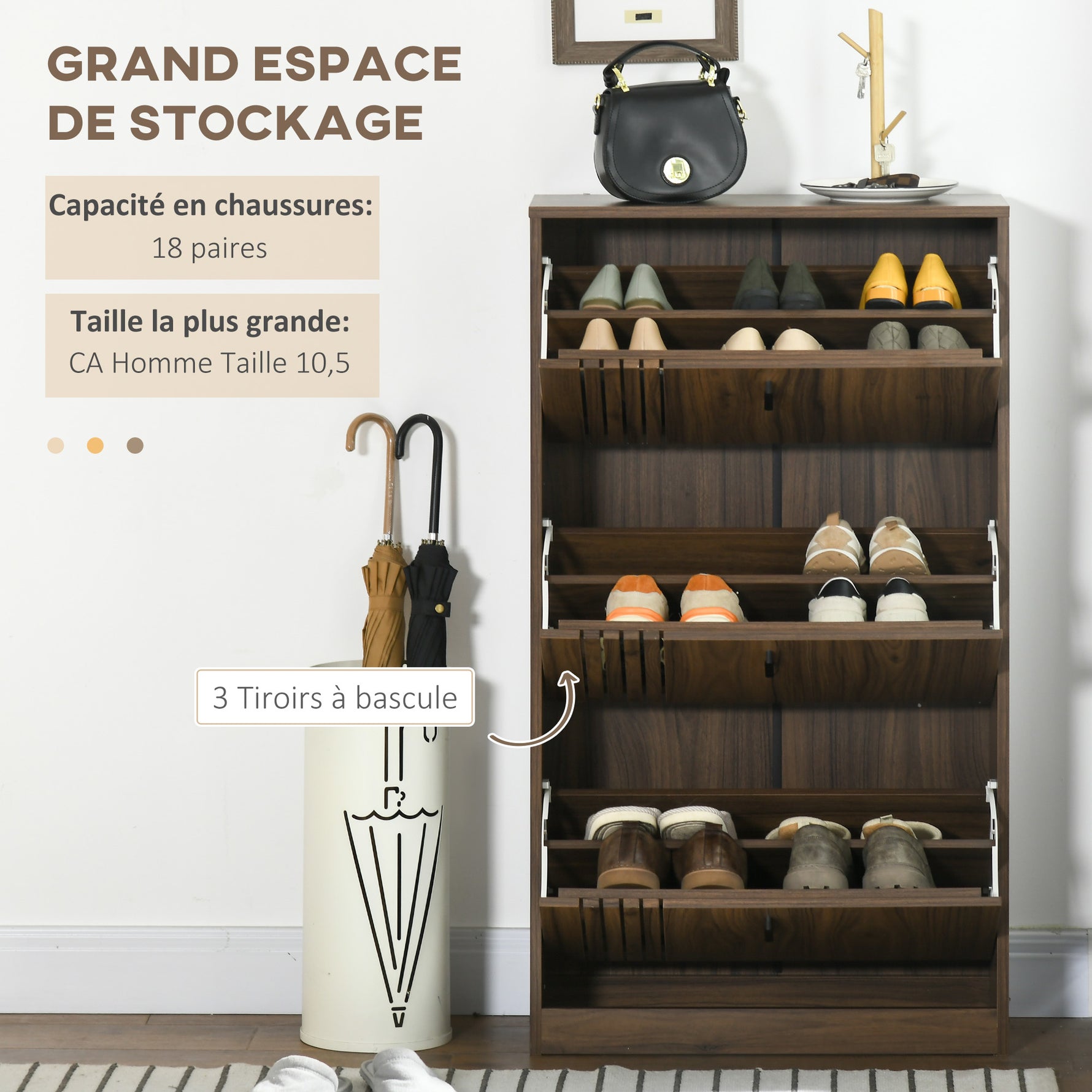 Meuble à chaussures à 3 abattants 18 paires grande capacité pour entrée couloir salon 63 x 24 x 117 cm noyer foncé