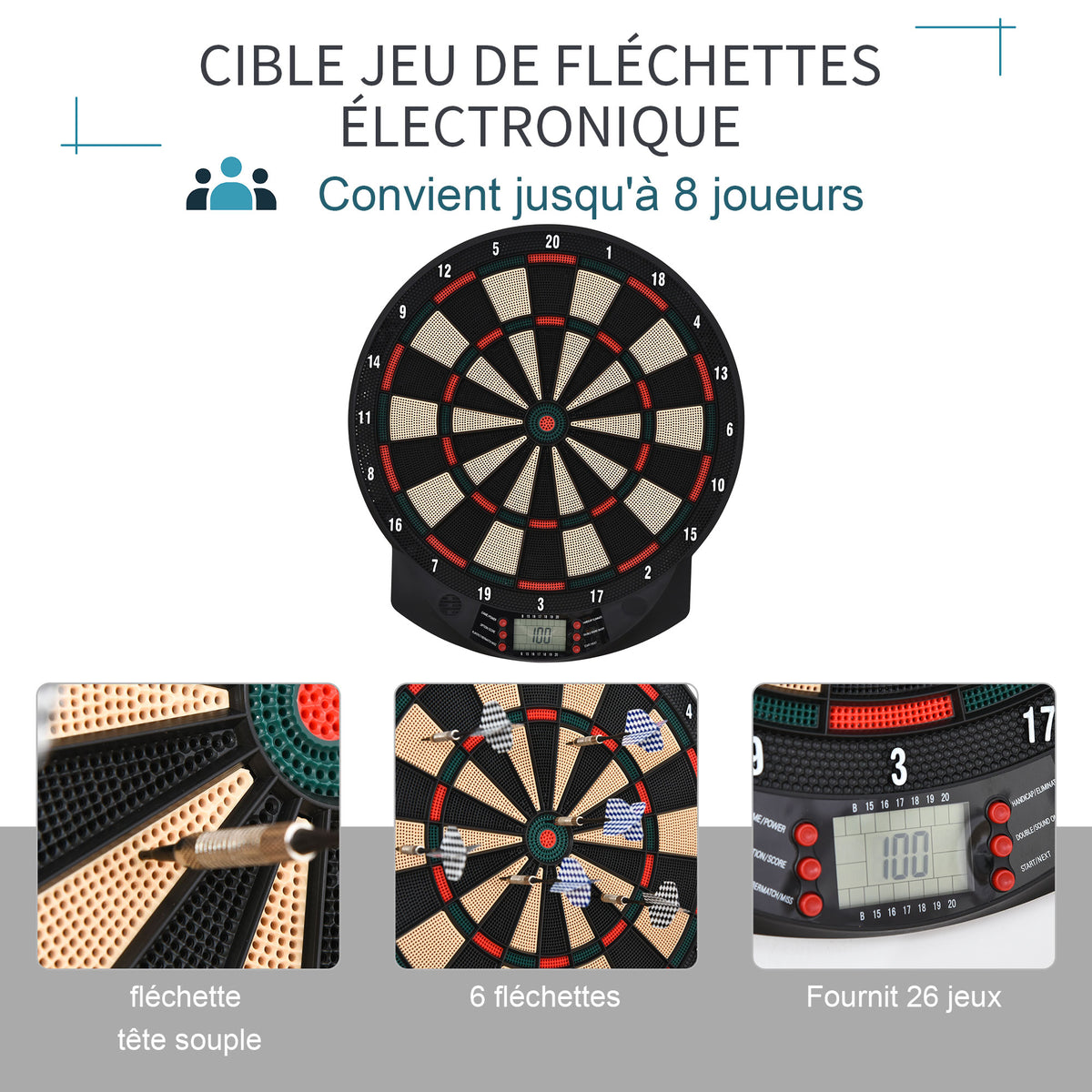 Cible jeu de fléchettes électronique 26 Jeu principals et 185 jeux variations cibles électroniques pour 8 joueurs 30 flechette pointe affichage LCD haut-parleur noir