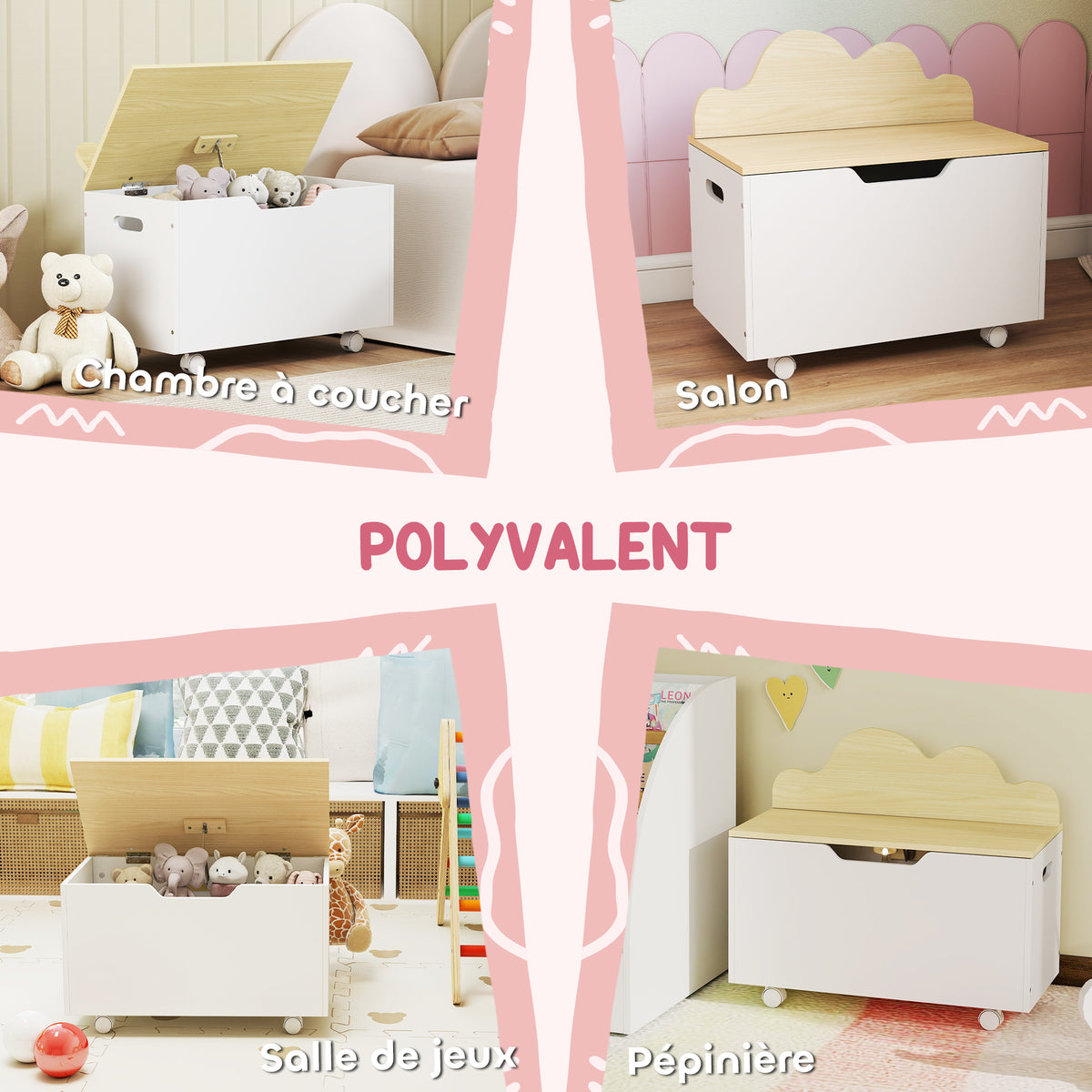 Coffre à jouet enfant sur roulettes, coffre de rangement enfant avec couvercle rabattable, 59 x 30 x 53 cm, blanc