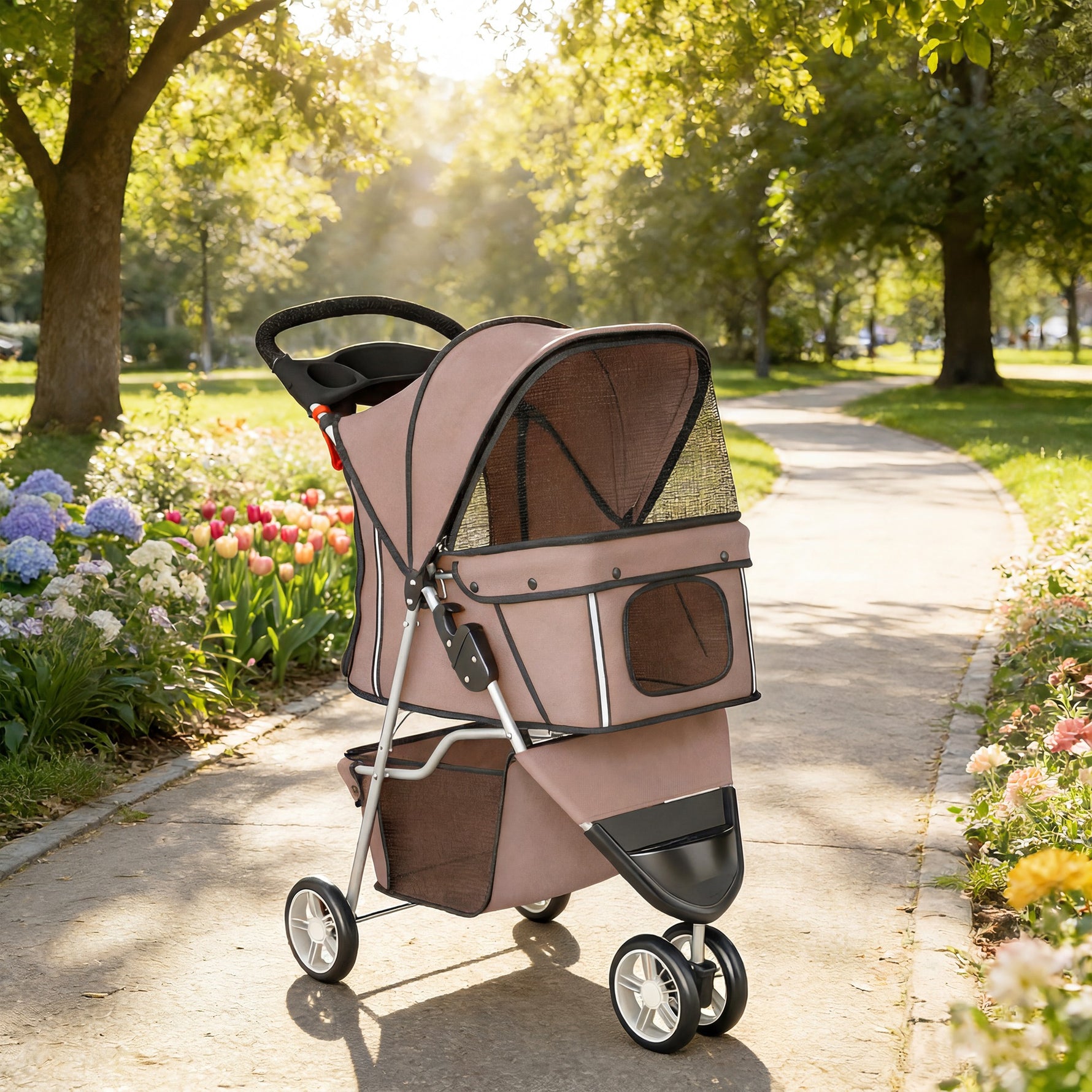 Poussette pour Chien 4 Roues, Chariot Pliable avec Auvent Réglable, Panier de Rangement, 77x44x102cm, Café
