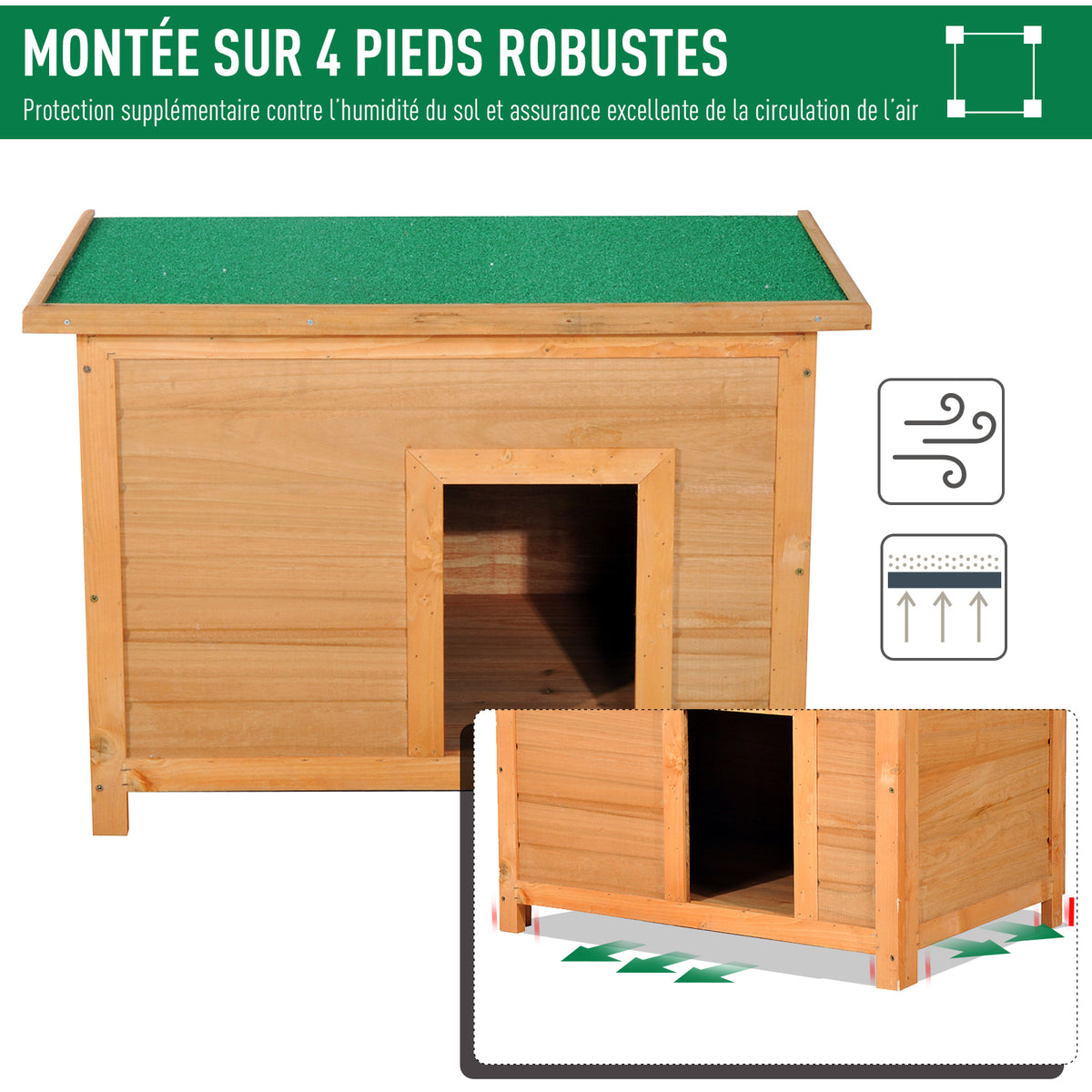 Niche pour chien chat en bois sur pied chenil toit ouvrant bitumé pin massif pré-huilé 85 x 58 x 58 cm